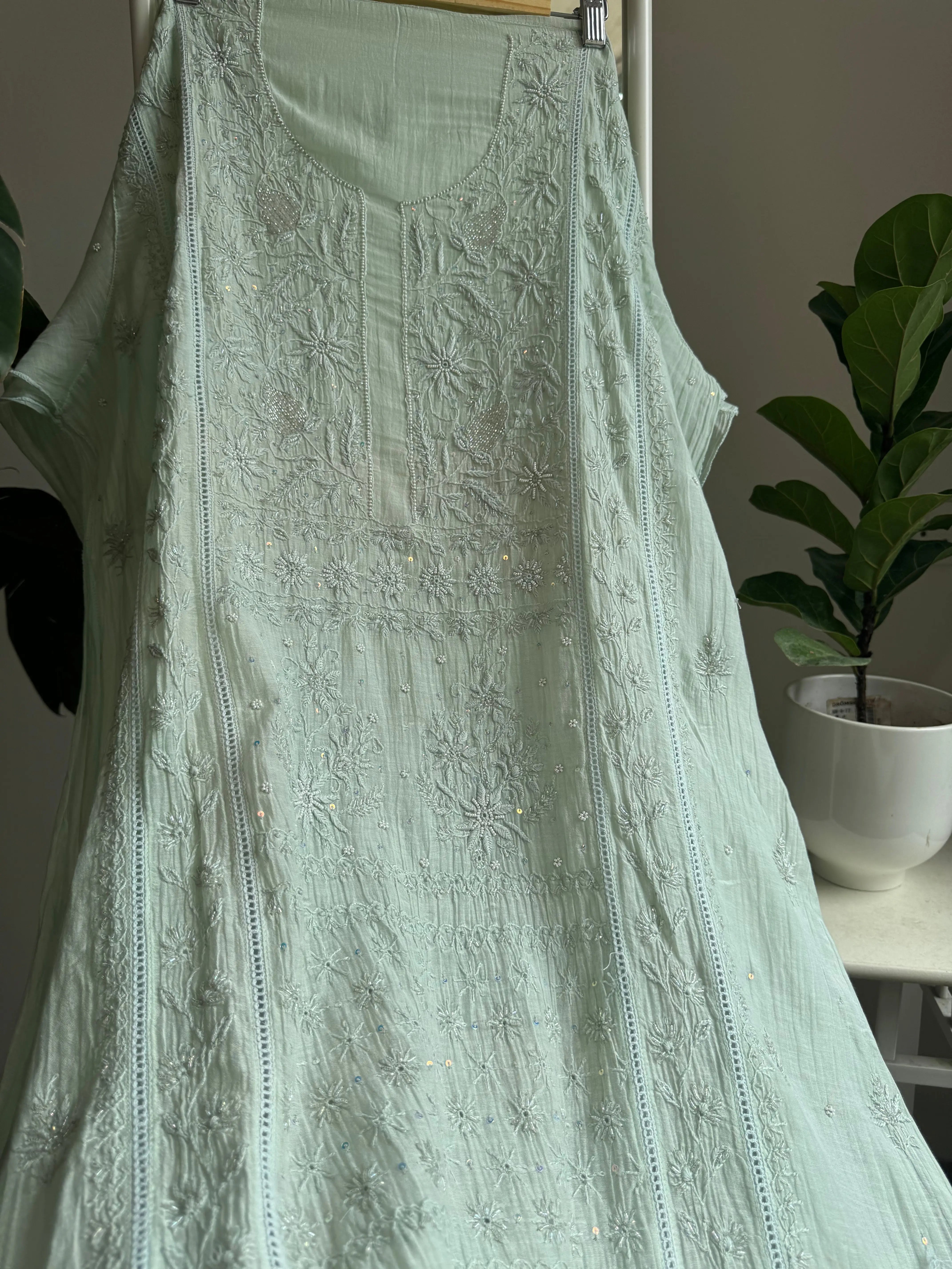 Mul Chanderi Straight Tunic - Sage Green ARIAA CHIKANKARI 