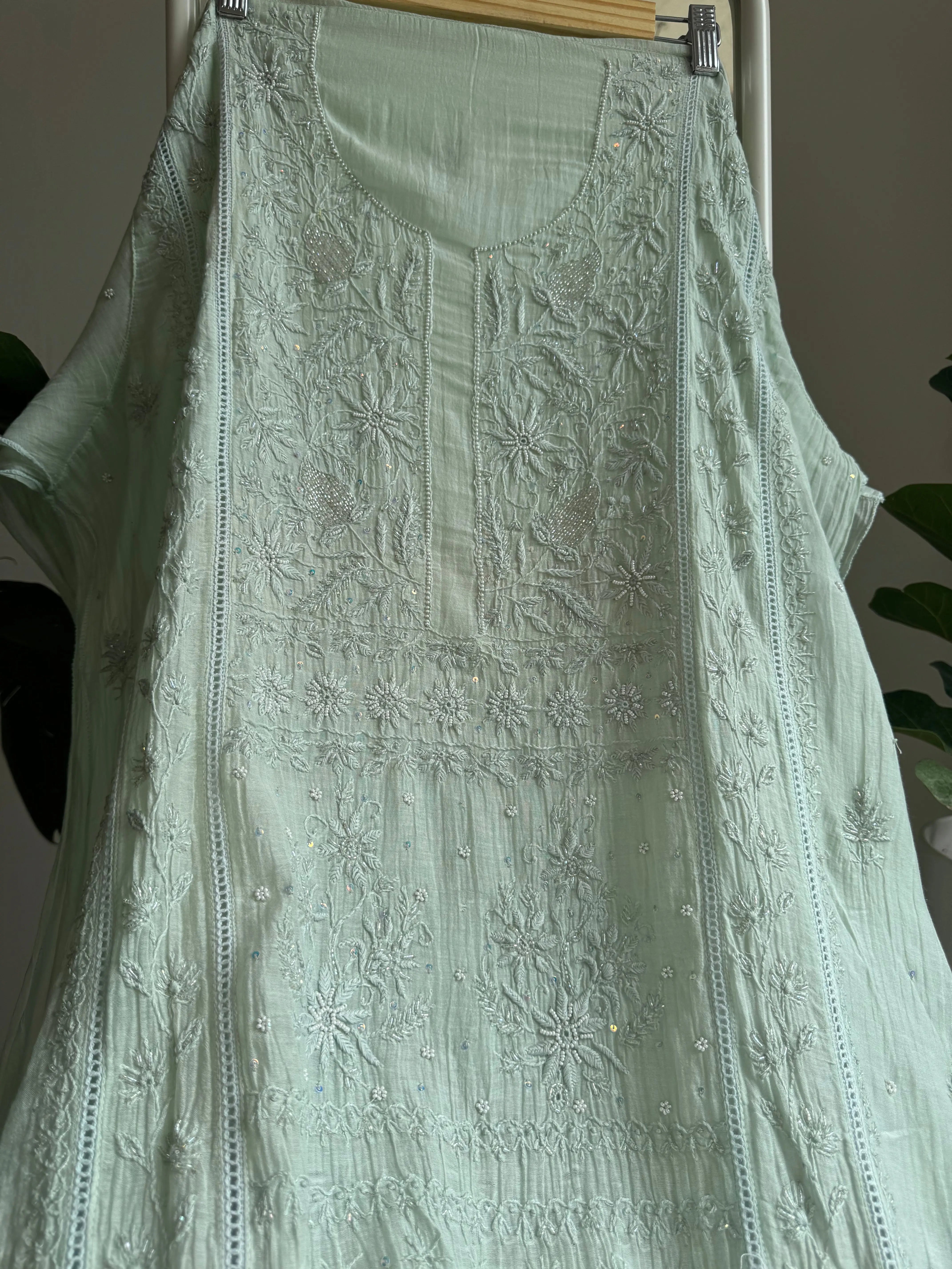 Mul Chanderi Straight Tunic - Sage Green ARIAA CHIKANKARI 