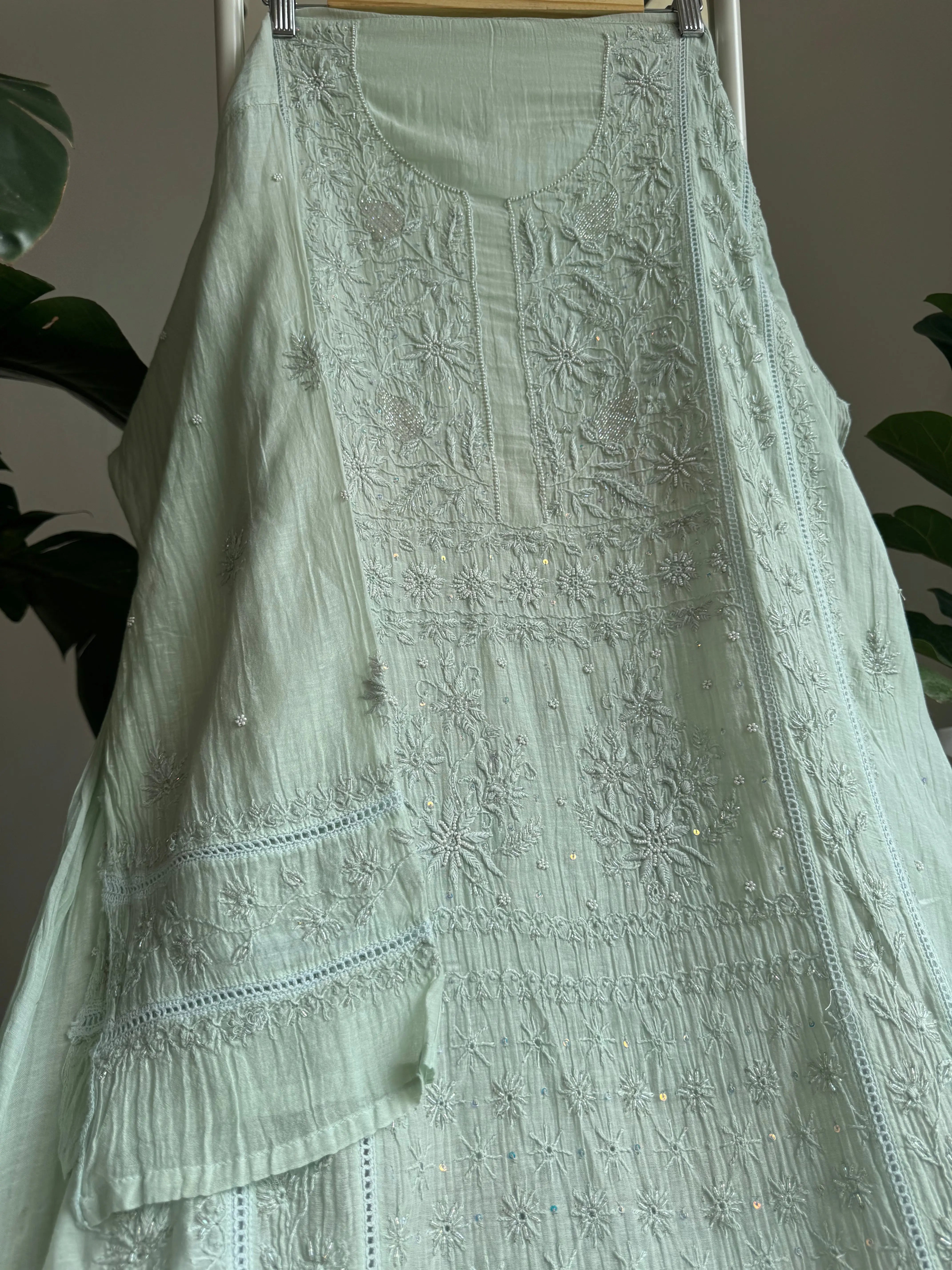 Mul Chanderi Straight Tunic - Sage Green ARIAA CHIKANKARI 