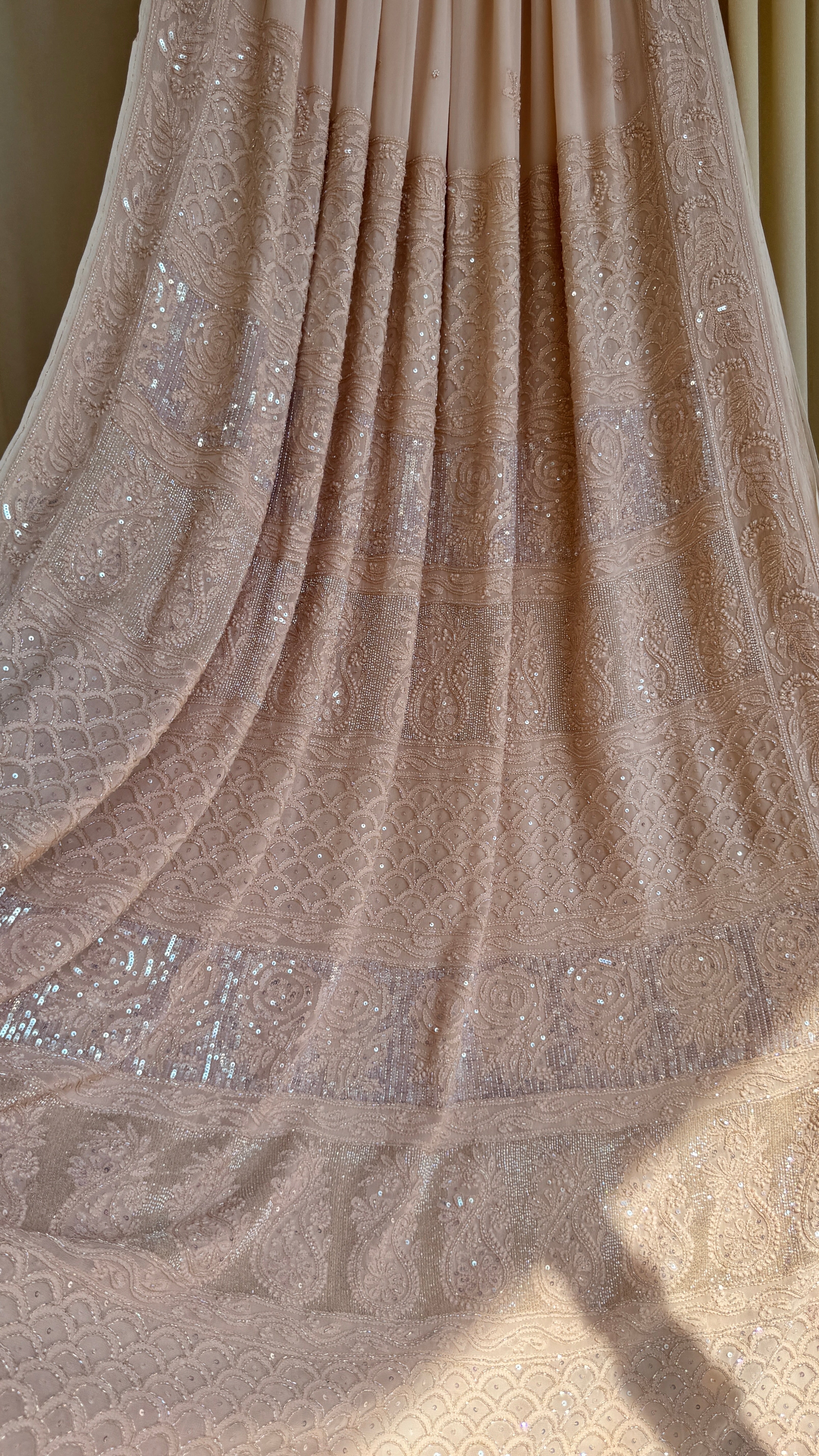 Viscose Nude Beige Chikankari saree with Pearl embellishments