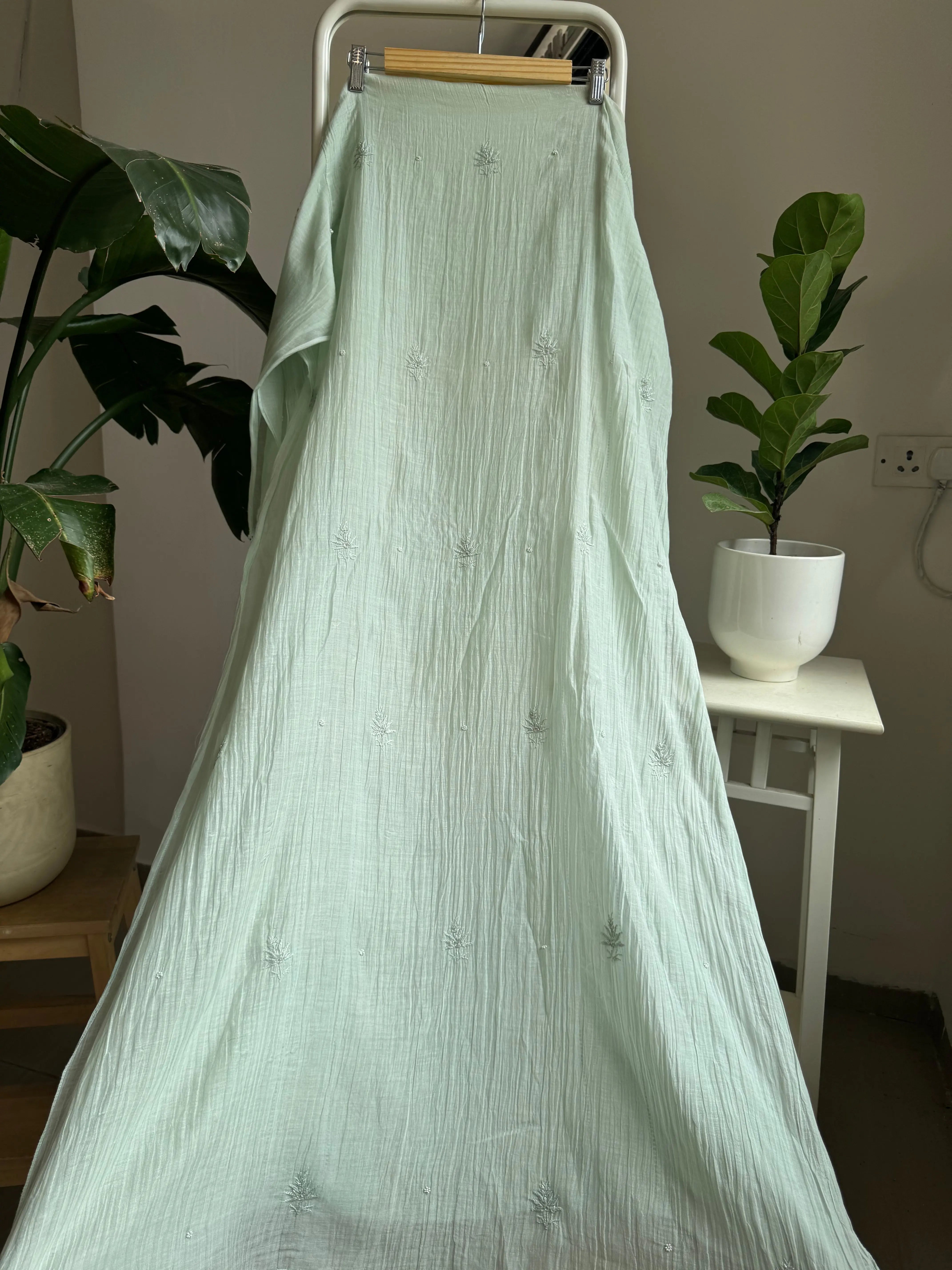 Mul Chanderi Straight Tunic - Sage Green ARIAA CHIKANKARI 