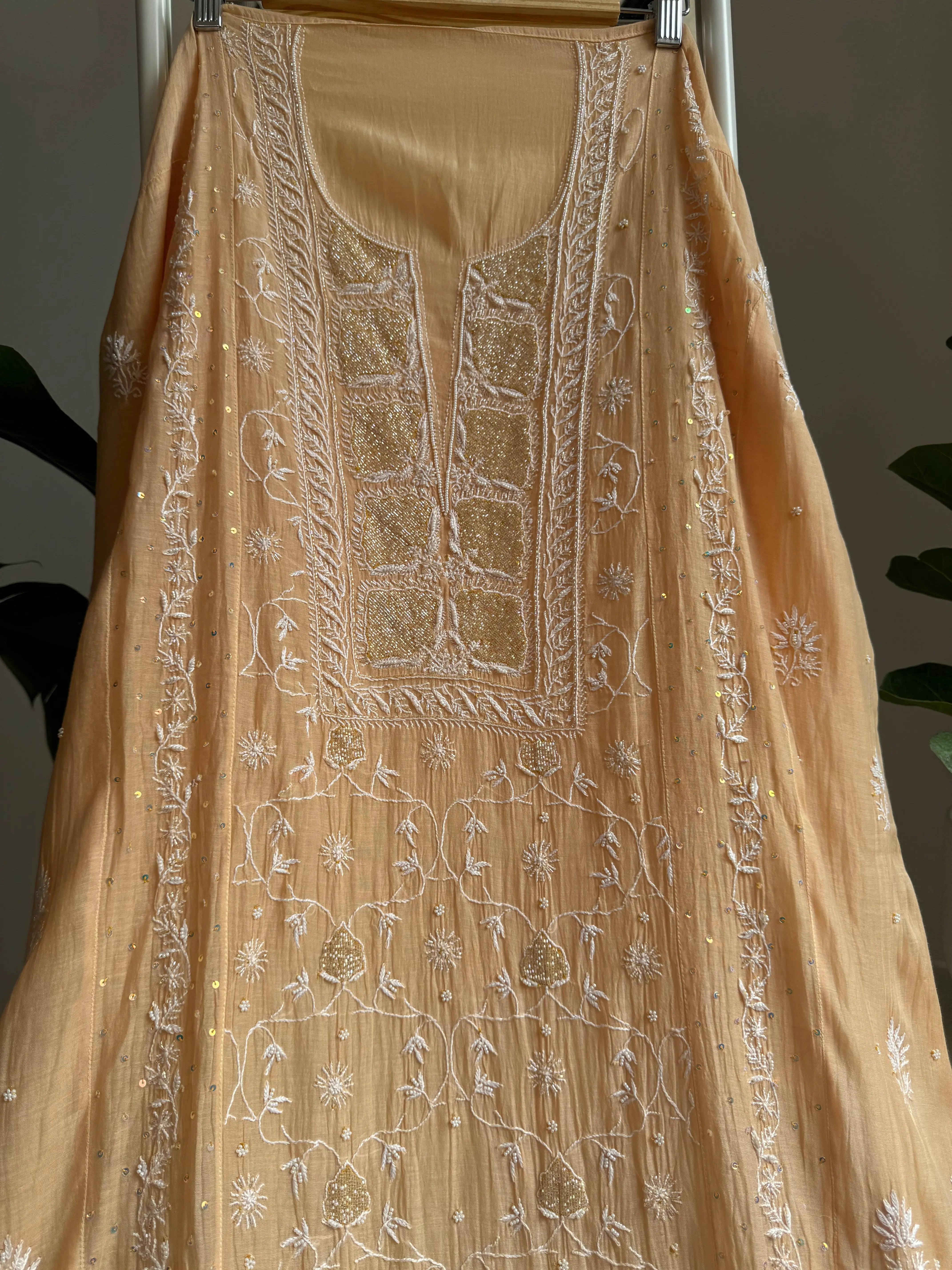 Mul Chanderi Straight Tunic - Light Coffee Brown ARIAA CHIKANKARI 