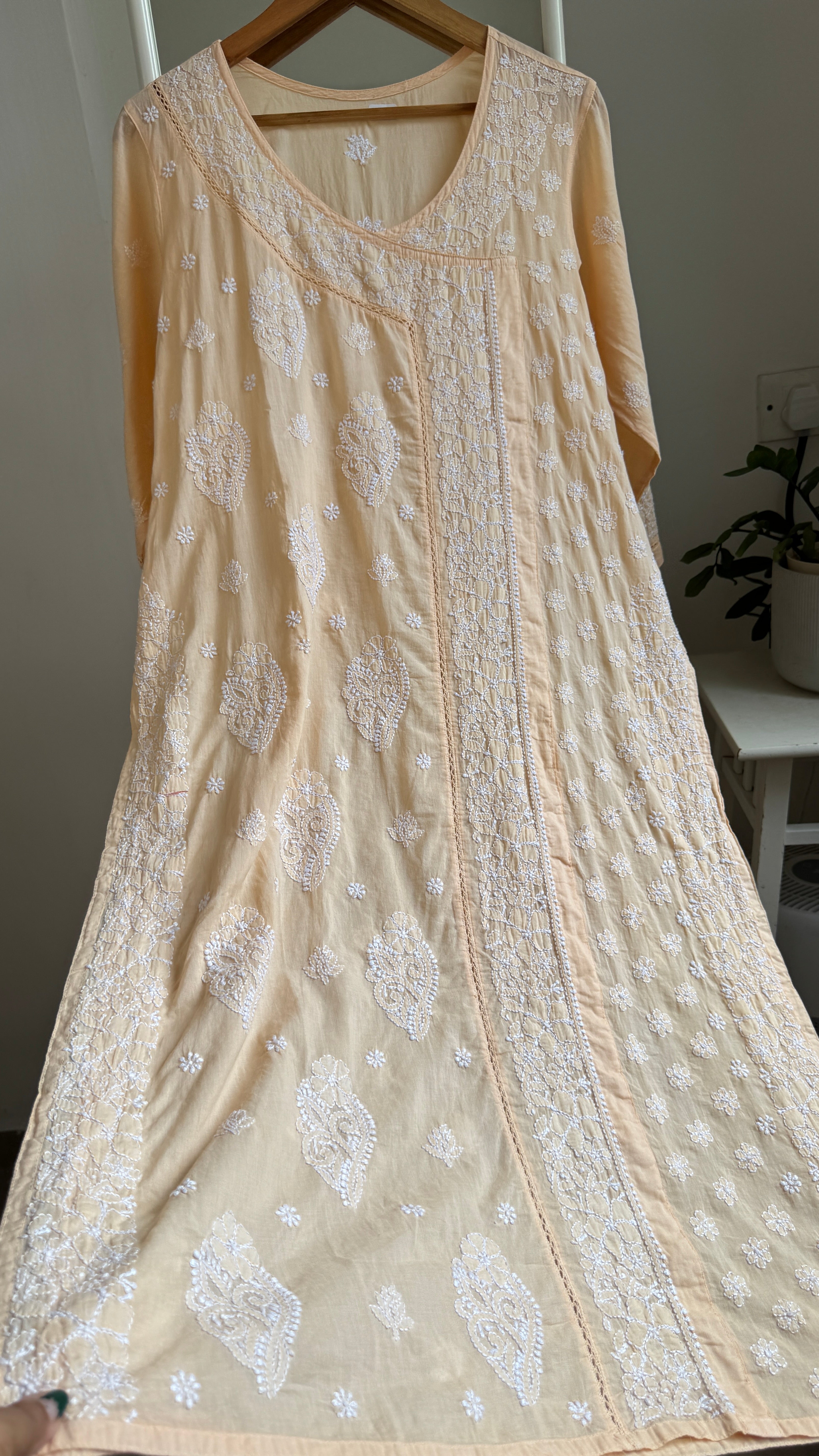 Mul Cotton Peach Chikankari Kurti - Saaz Collection