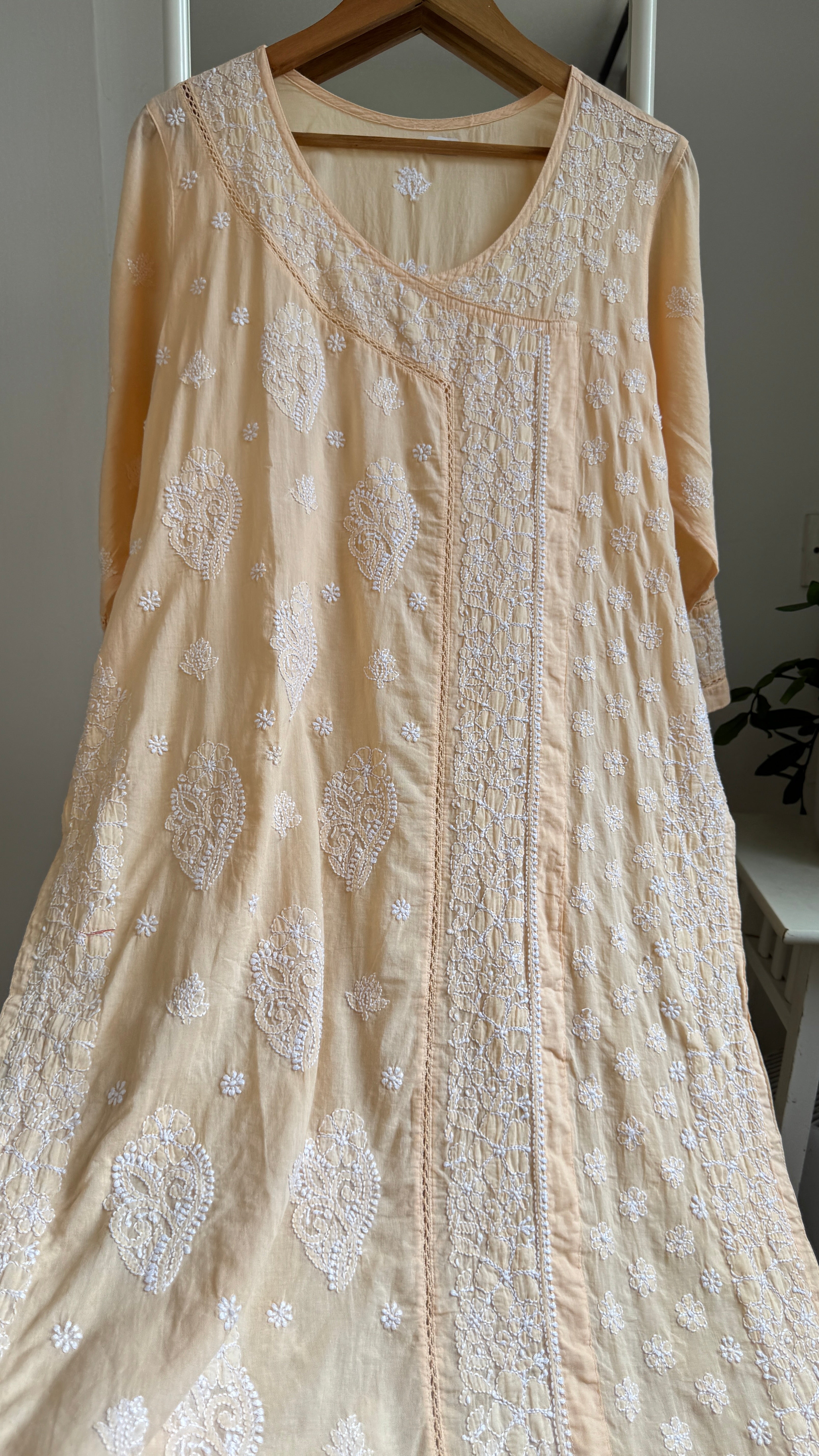 Mul Cotton Peach Chikankari Kurti - Saaz Collection