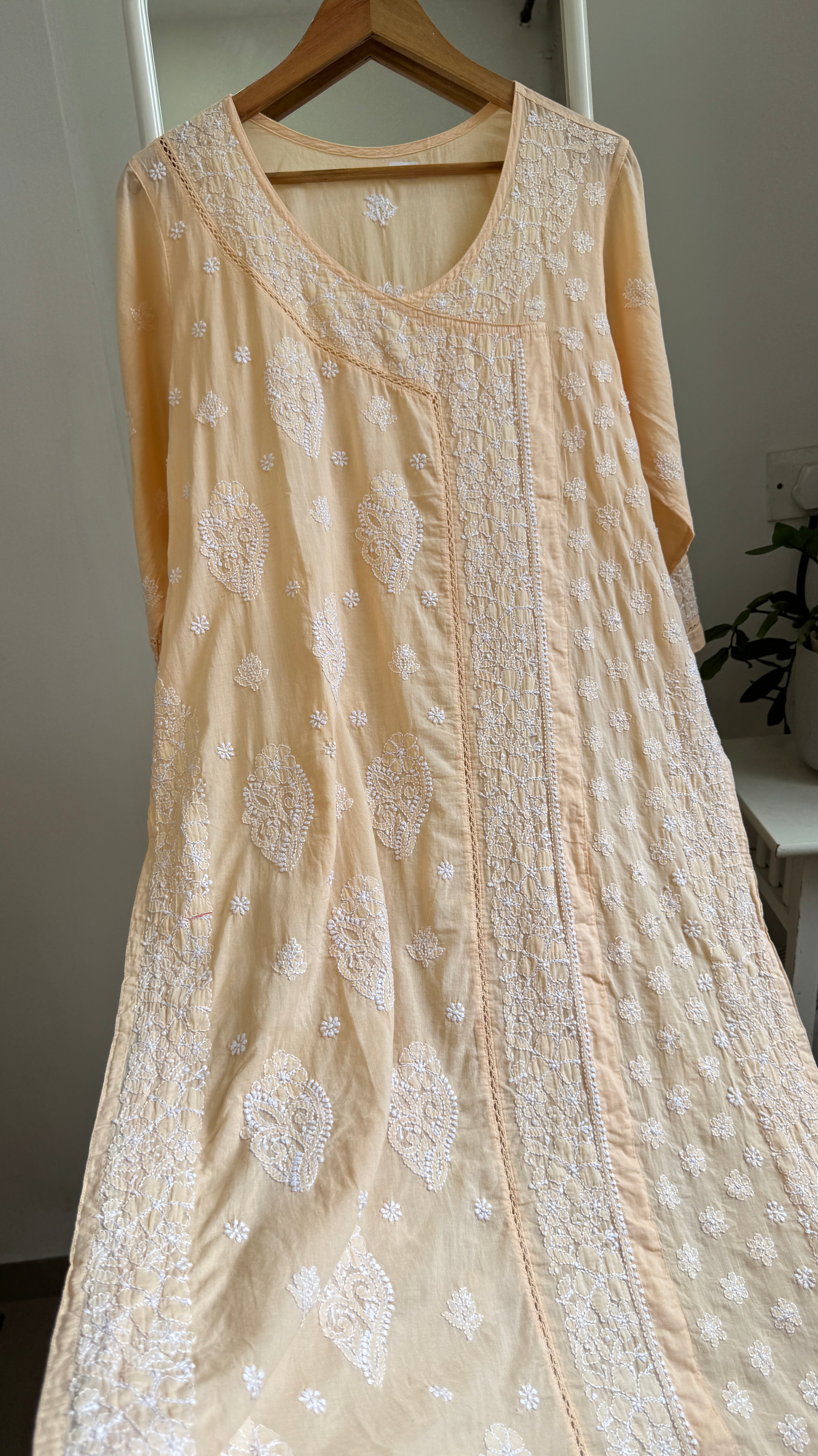 Mul Cotton Peach Chikankari Kurti - Saaz Collection