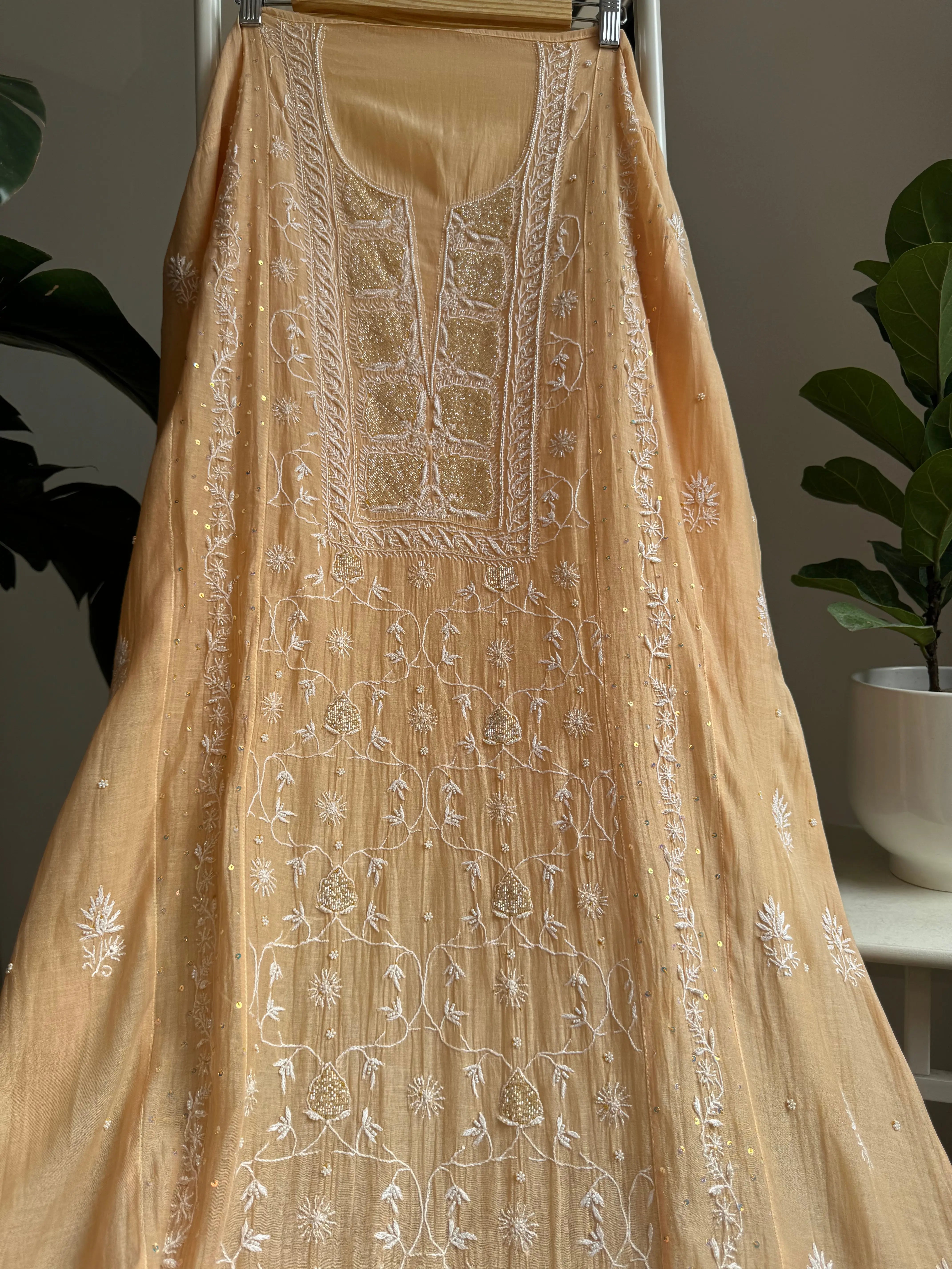 Mul Chanderi Straight Tunic - Light Coffee Brown ARIAA CHIKANKARI 