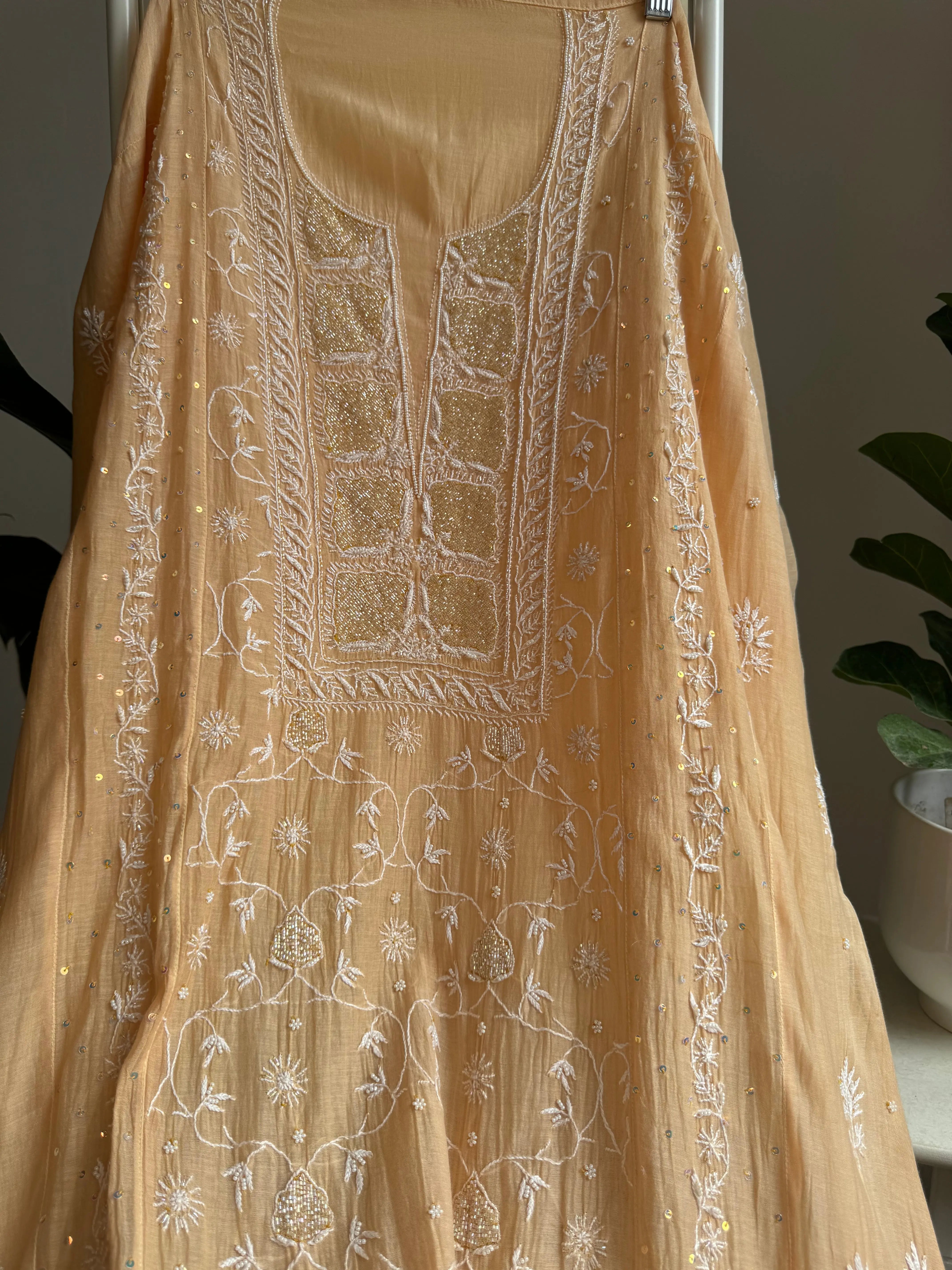 Mul Chanderi Straight Tunic - Light Coffee Brown ARIAA CHIKANKARI 