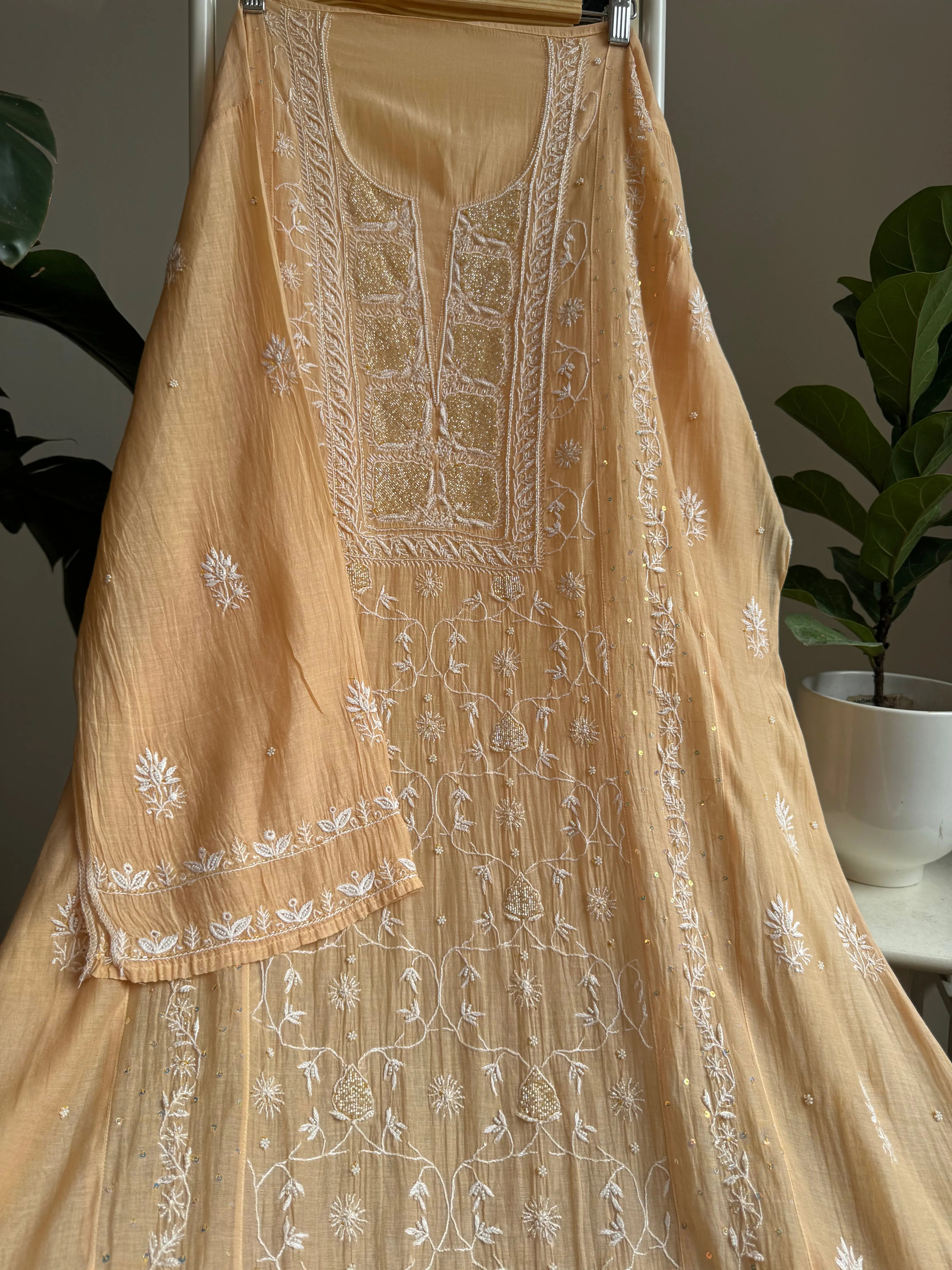 Mul Chanderi Straight Tunic - Light Coffee Brown ARIAA CHIKANKARI 