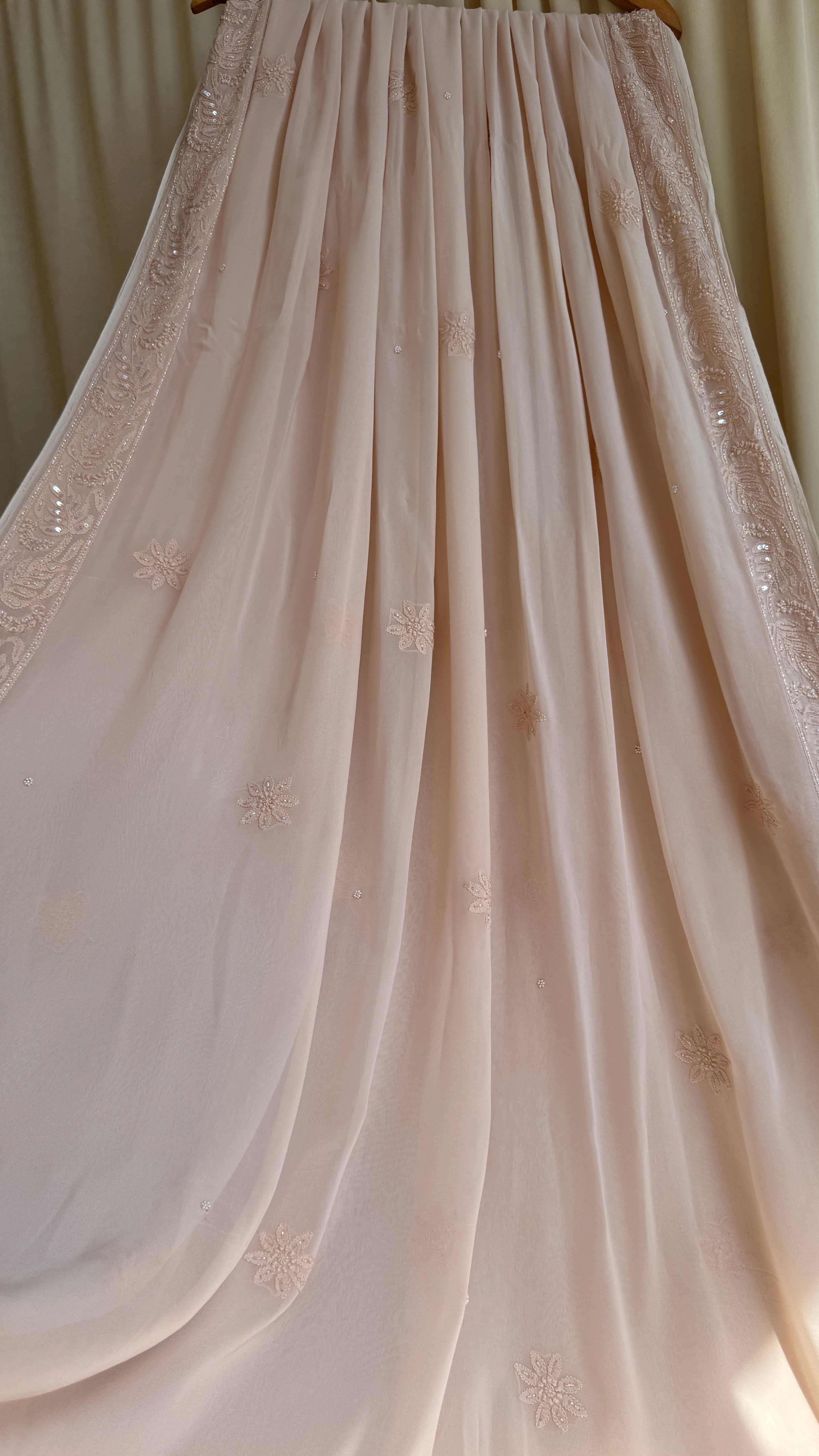 Viscose Nude Beige Chikankari saree with Pearl embellishments