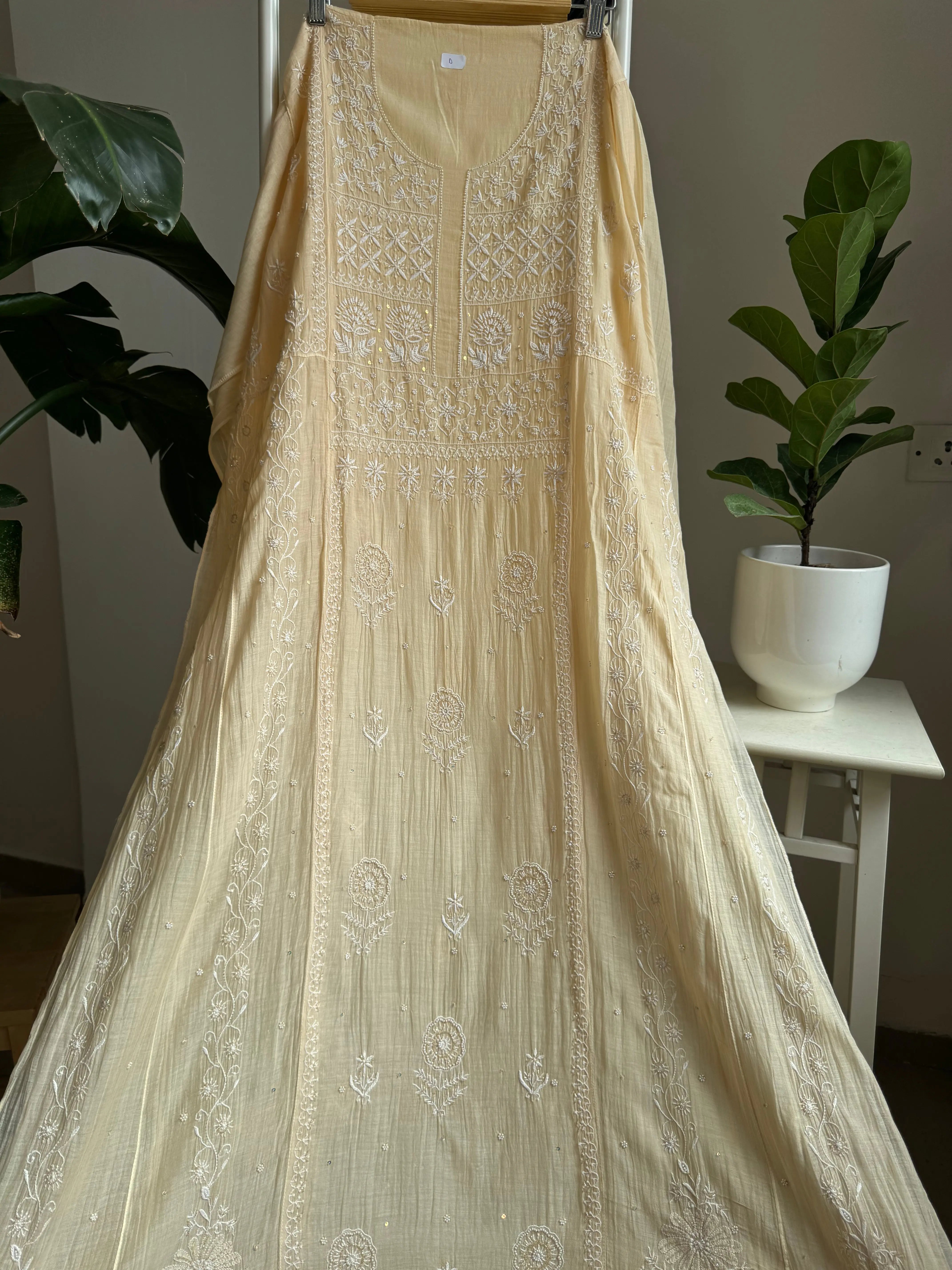 Mul Chanderi Anarkali - Beige ARIAA CHIKANKARI 