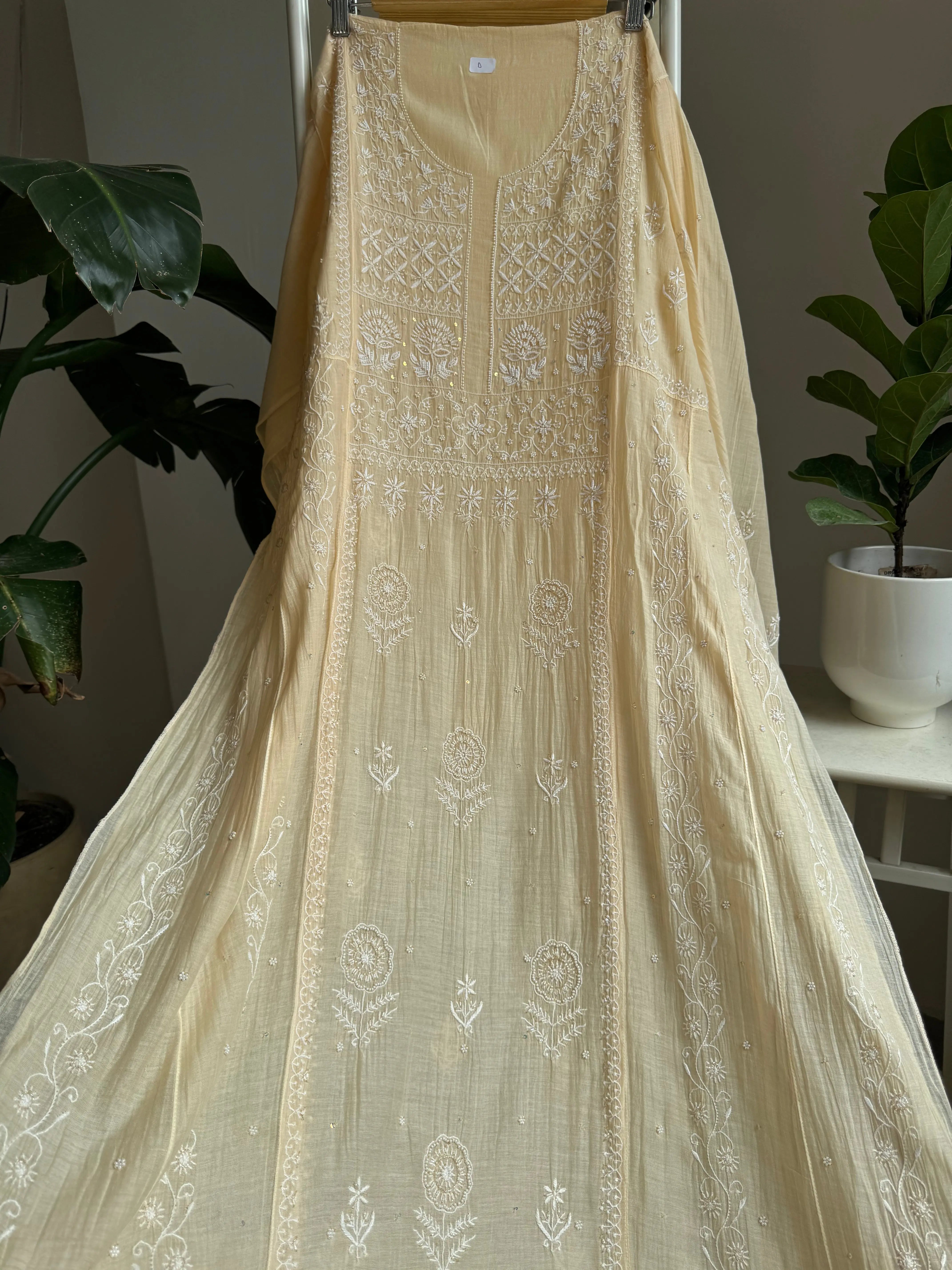 Mul Chanderi Anarkali - Beige ARIAA CHIKANKARI 