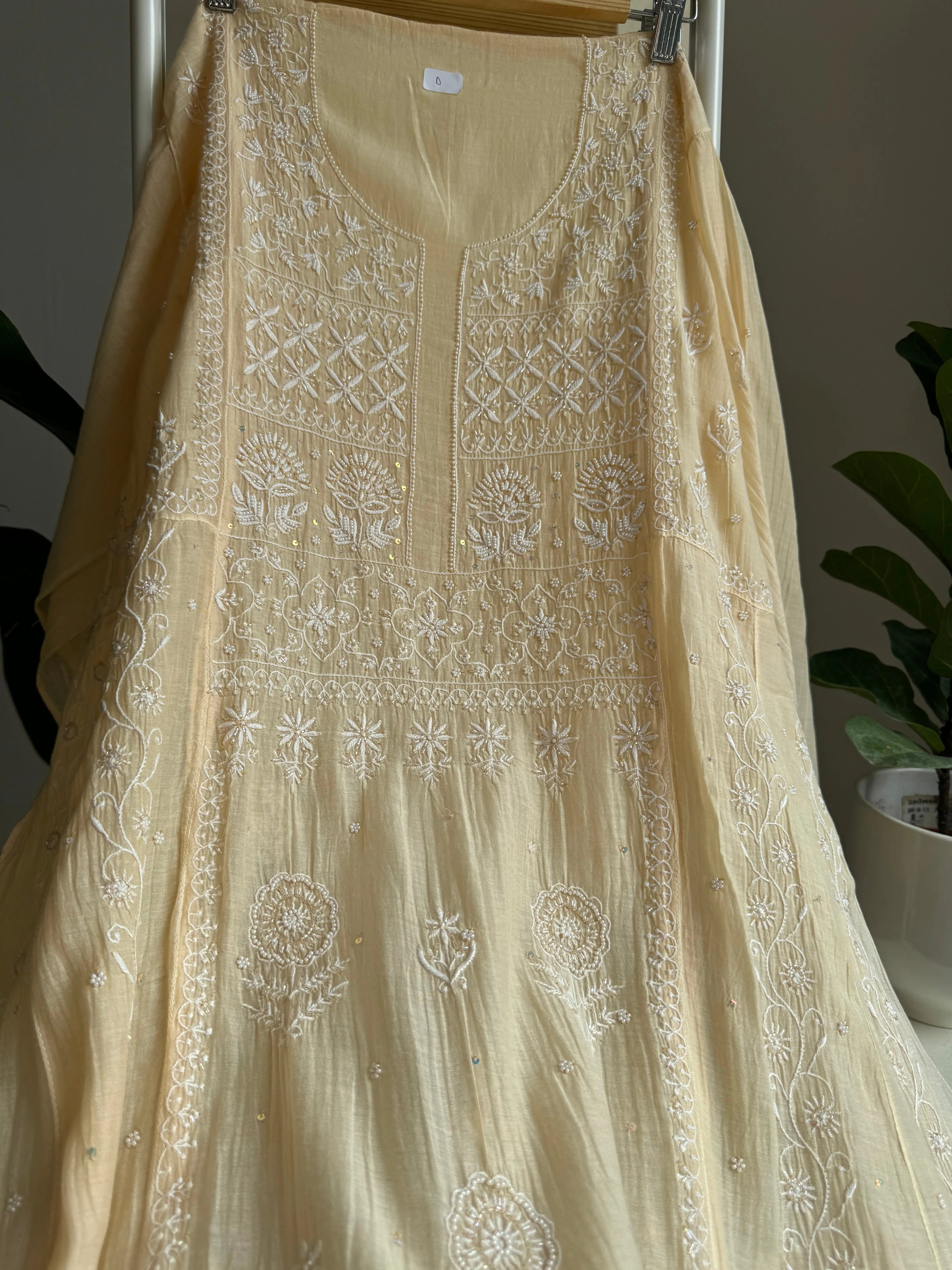 Mul Chanderi Anarkali - Beige ARIAA CHIKANKARI 