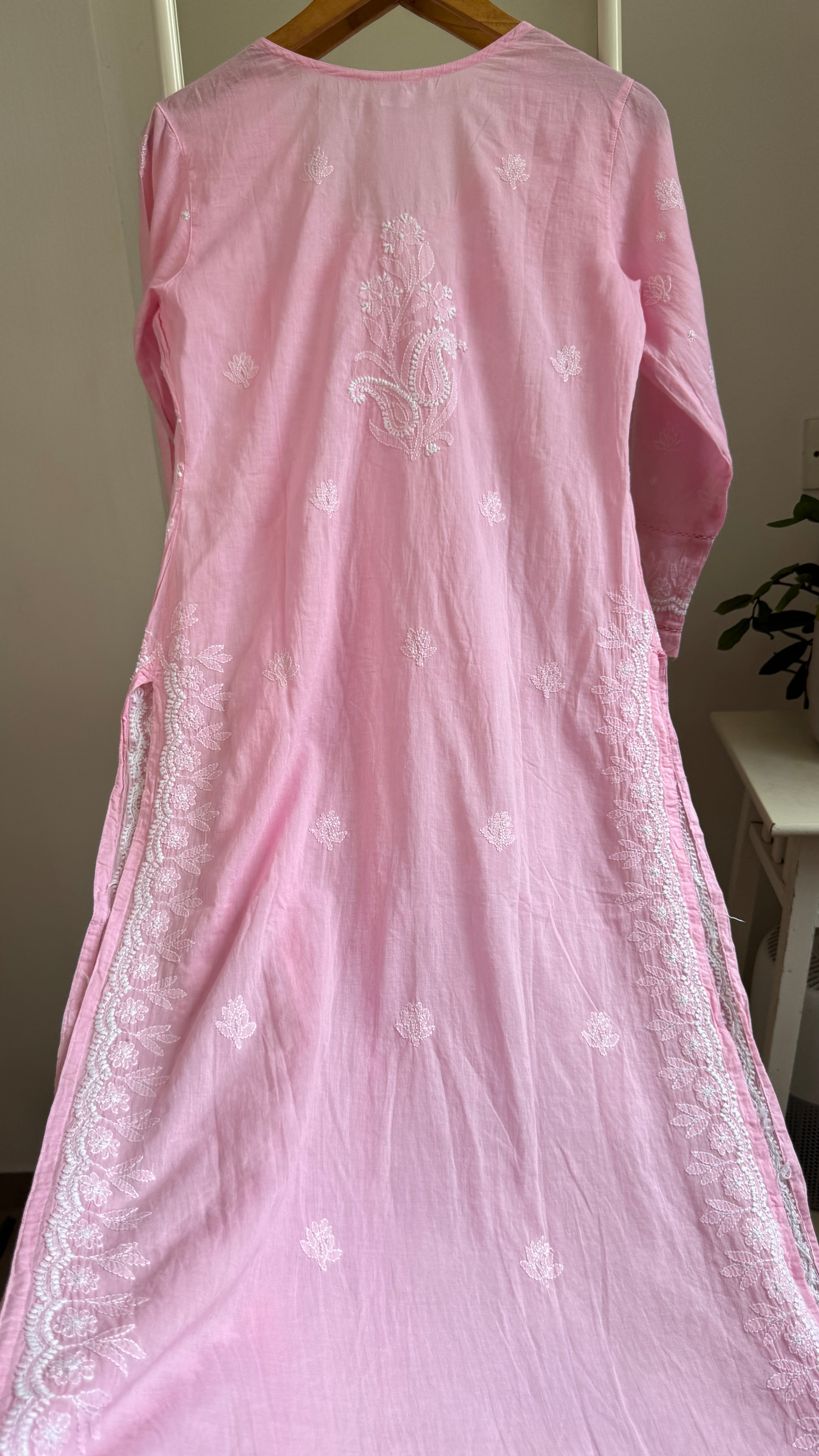 Mul Cotton Pink Chikankari Kurti - Saaz Collection