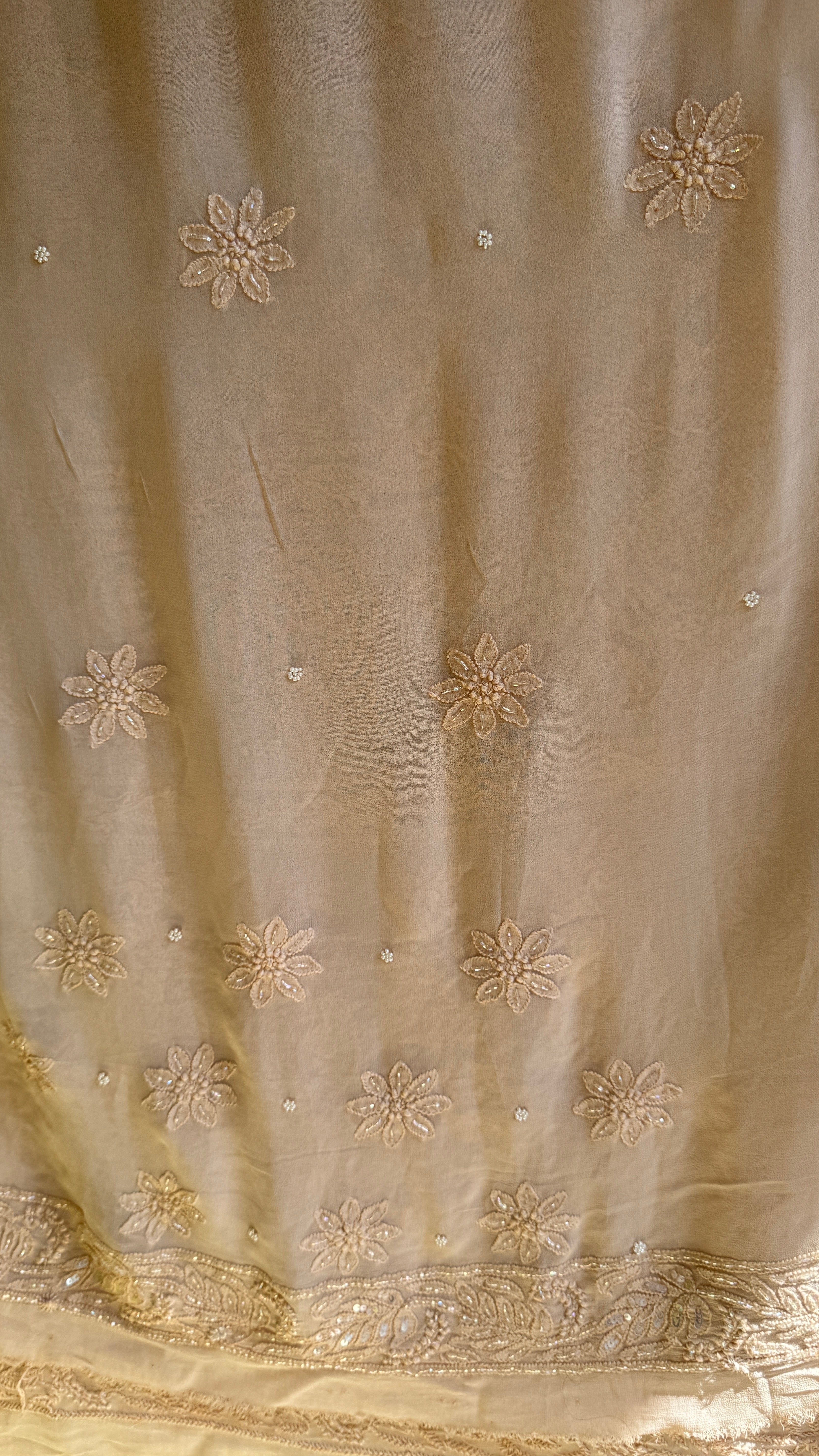 Viscose Nude Beige Chikankari saree with Pearl embellishments