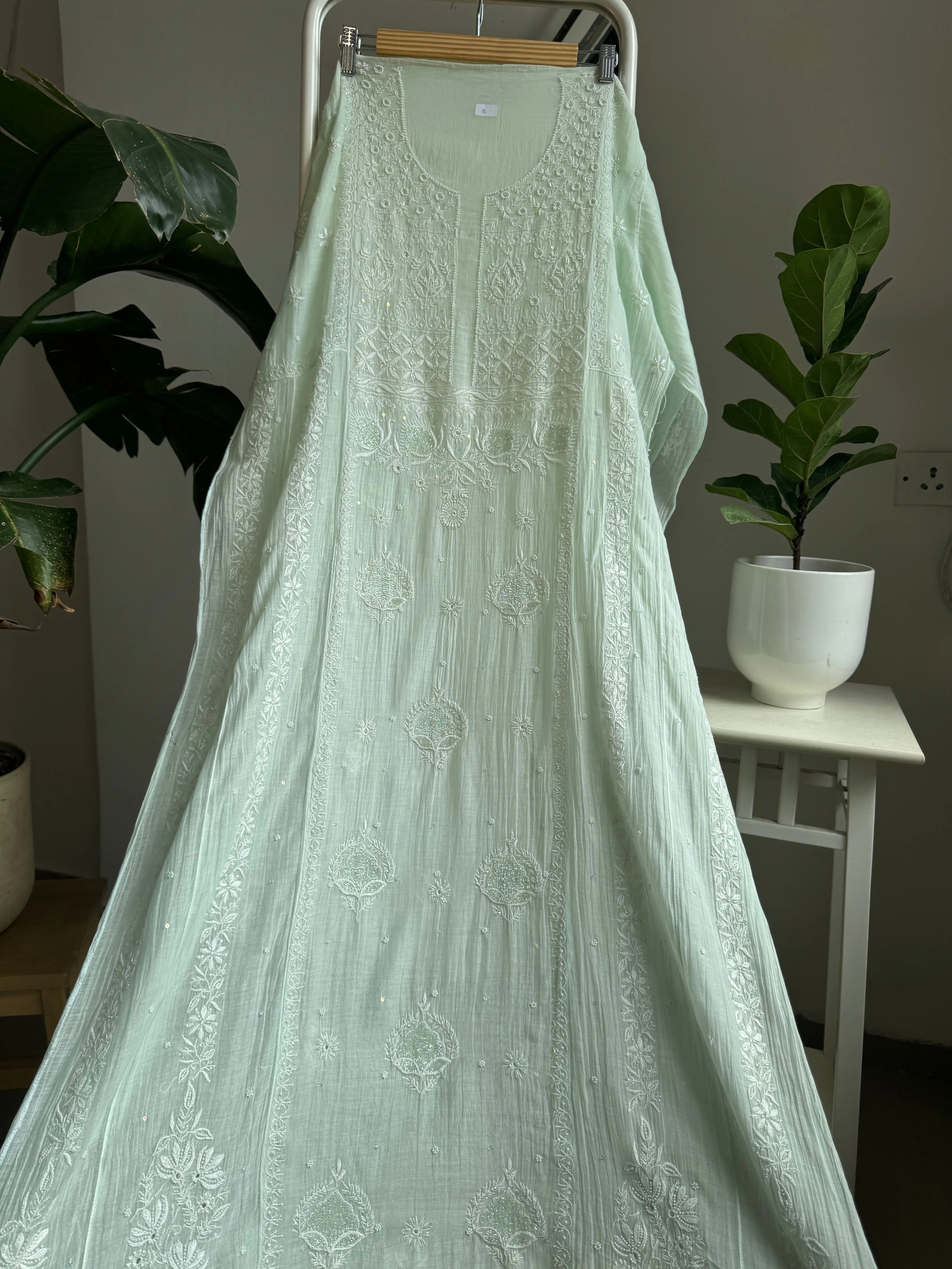 Mul Chanderi Anarkali - Pista Green ARIAA CHIKANKARI 