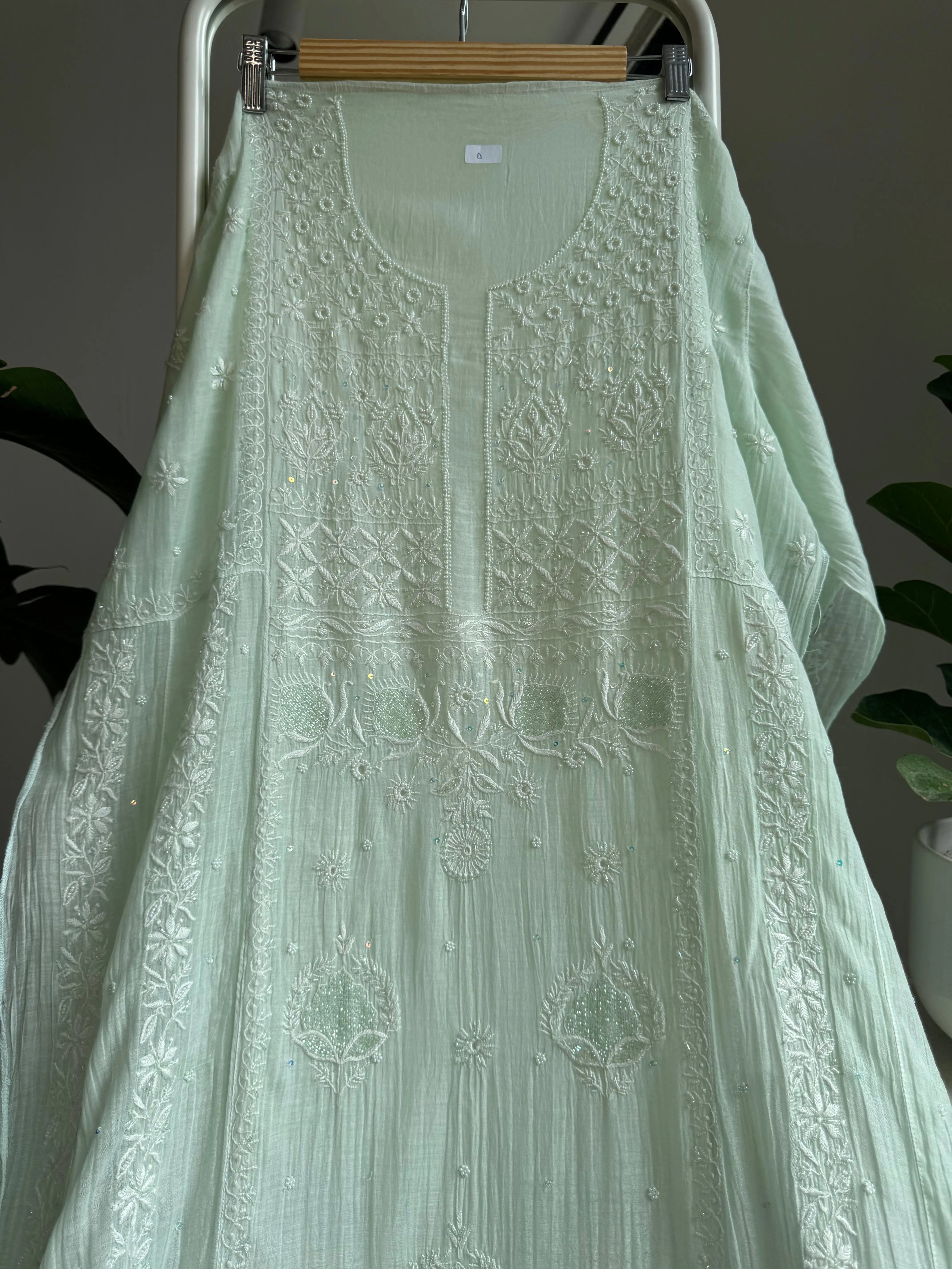 Mul Chanderi Anarkali - Pista Green ARIAA CHIKANKARI 