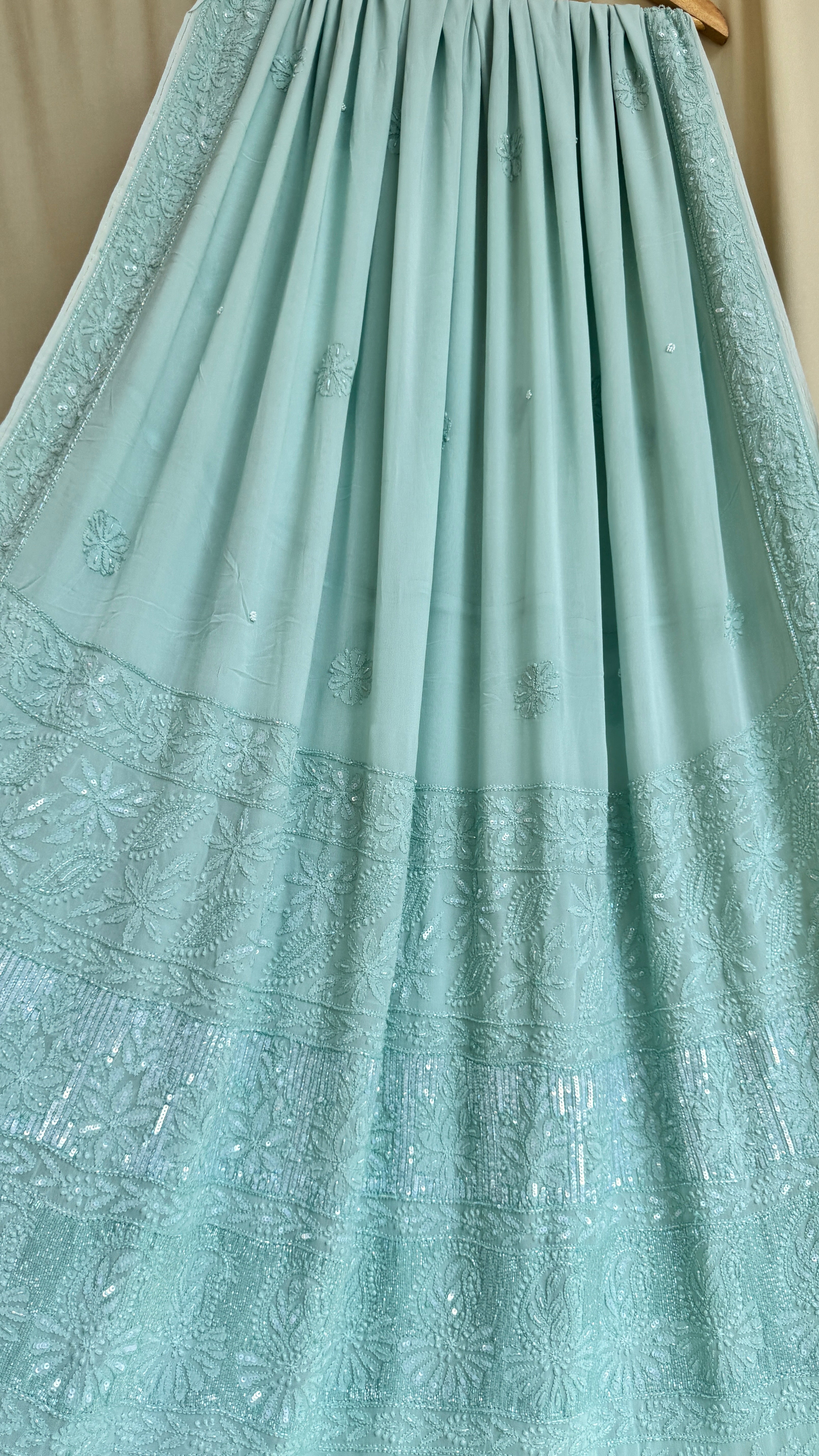 Viscose Green Chikankari saree with Pearl embellishments