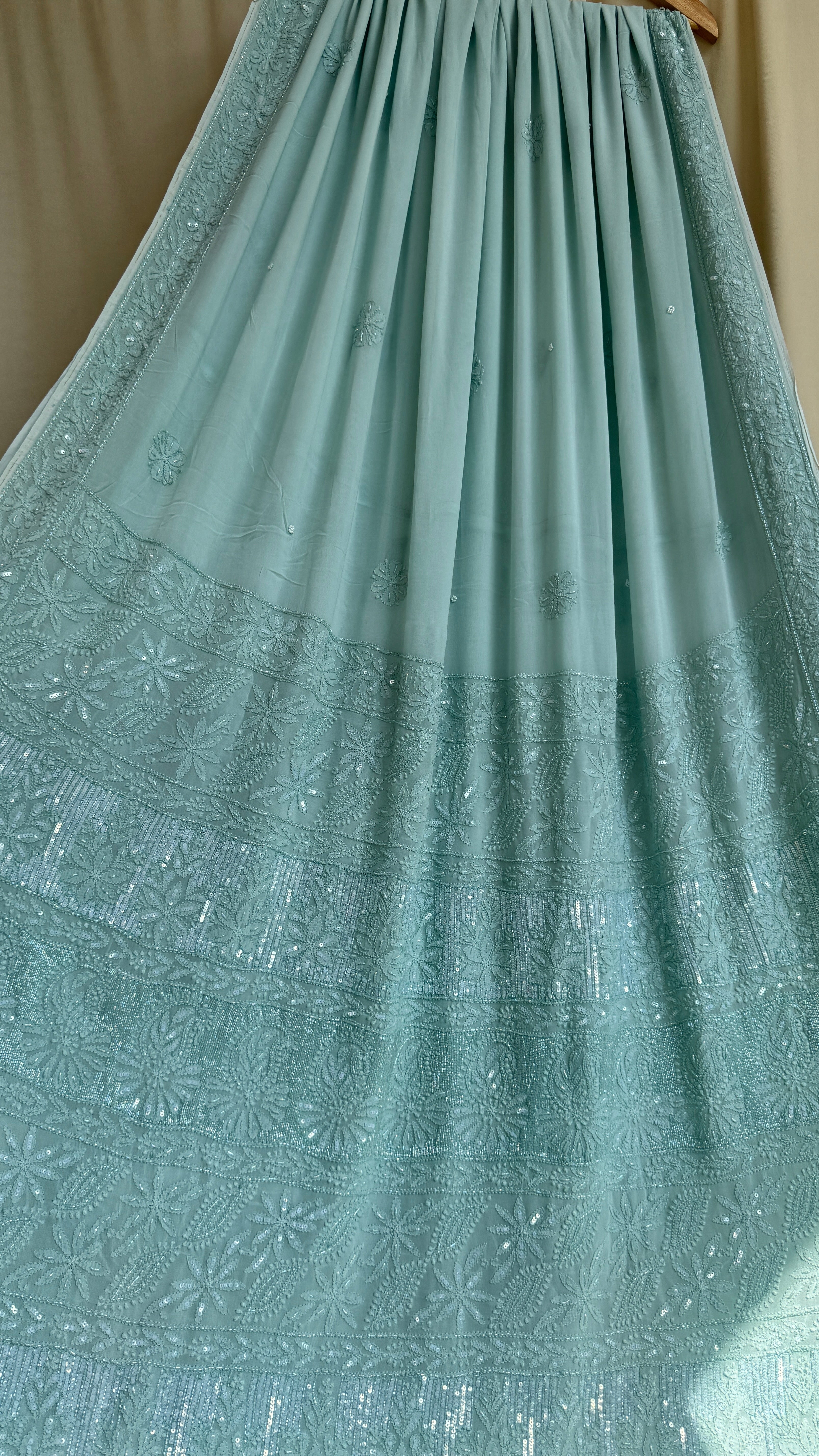 Viscose Green Chikankari saree with Pearl embellishments