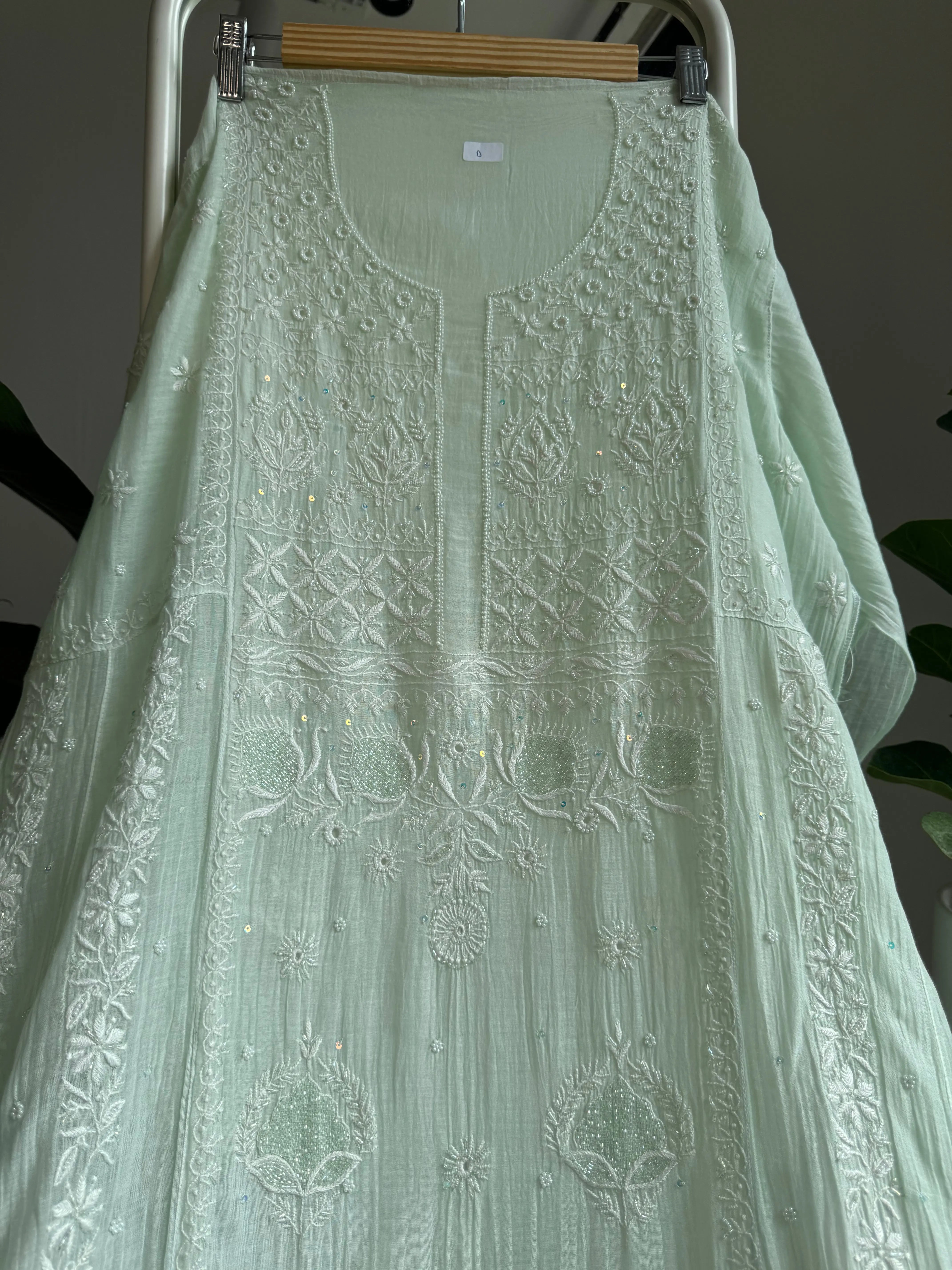 Mul Chanderi Anarkali - Pista Green ARIAA CHIKANKARI 