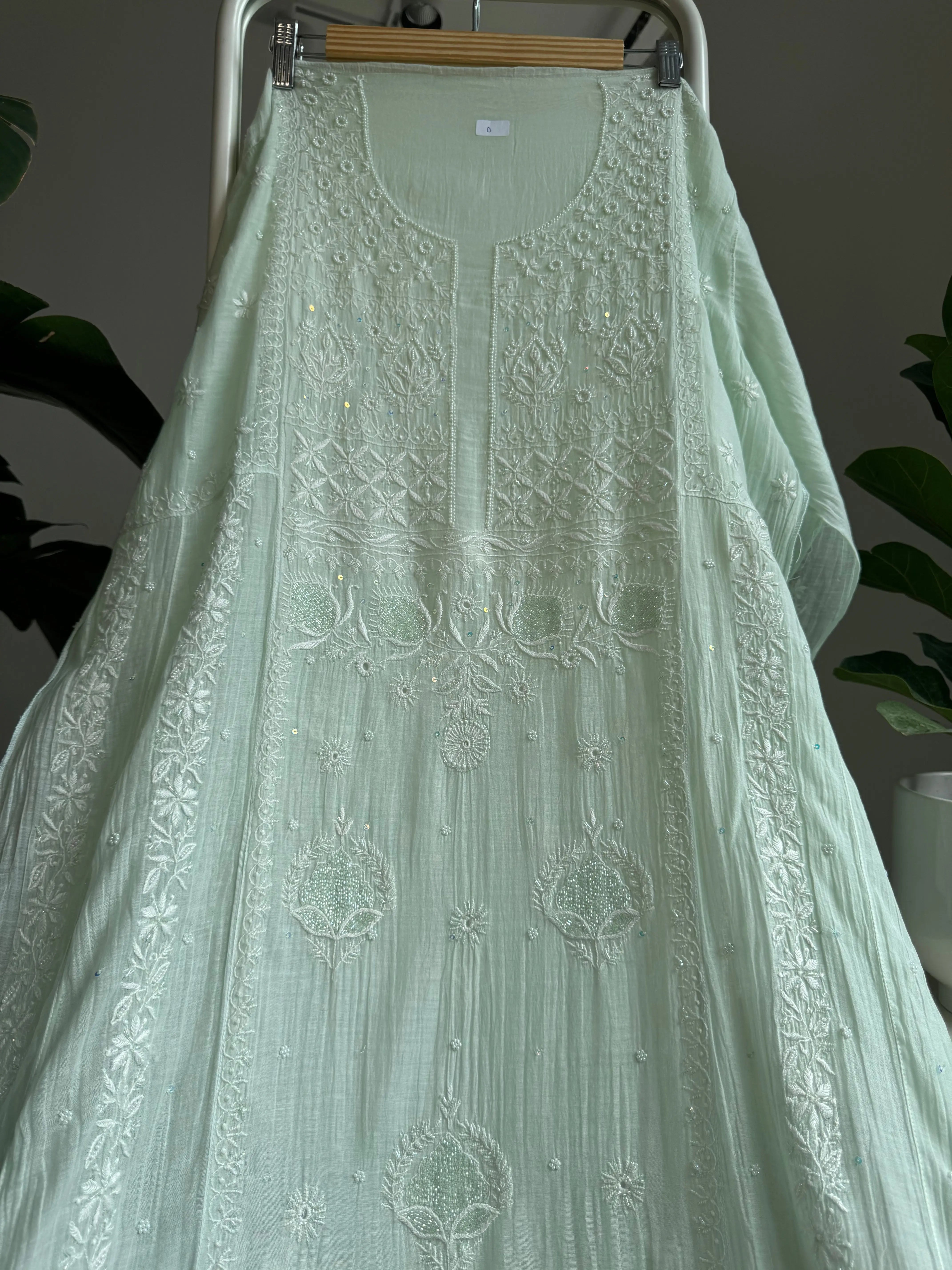 Mul Chanderi Anarkali - Pista Green ARIAA CHIKANKARI 