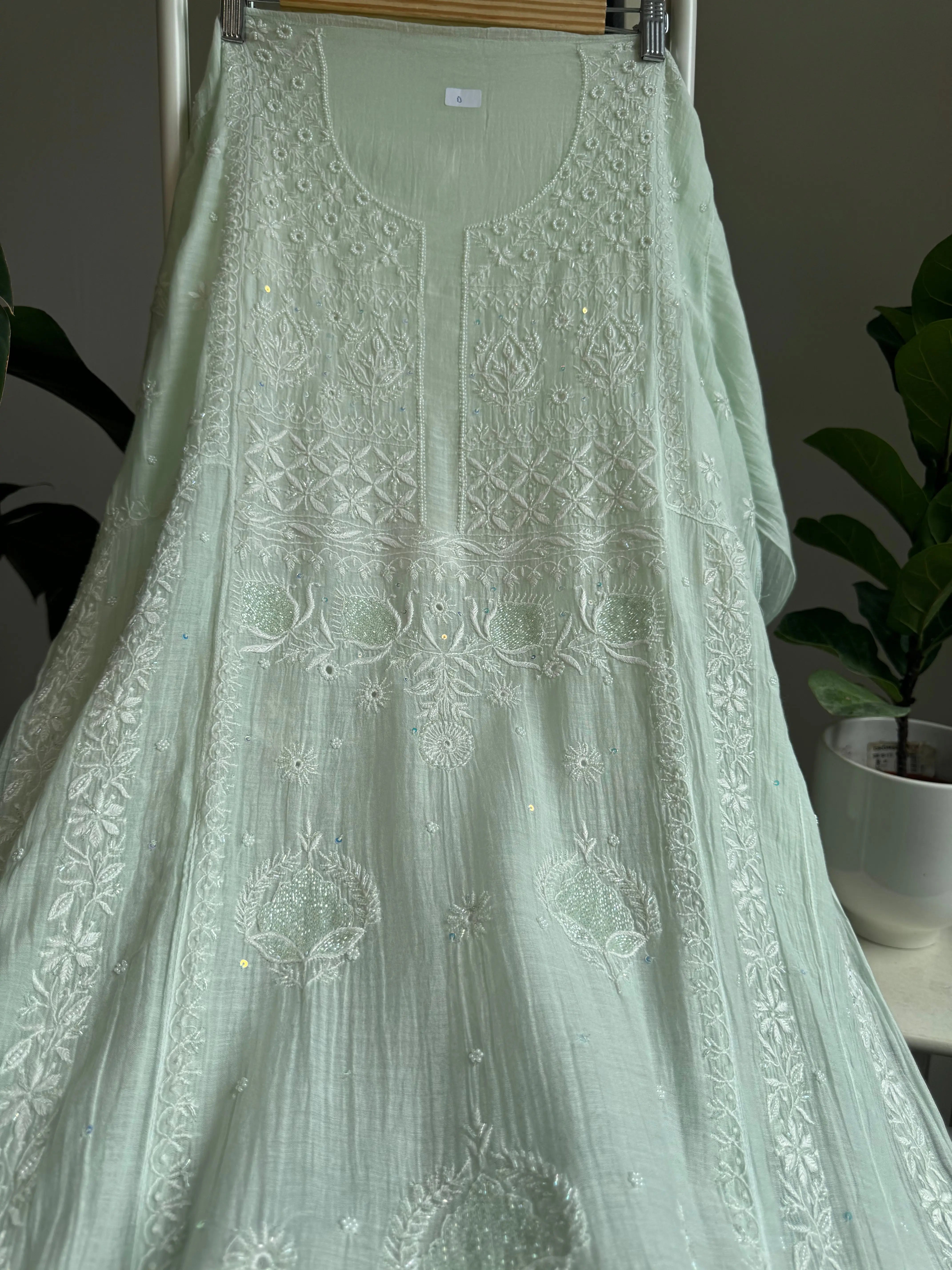 Mul Chanderi Anarkali - Pista Green ARIAA CHIKANKARI 