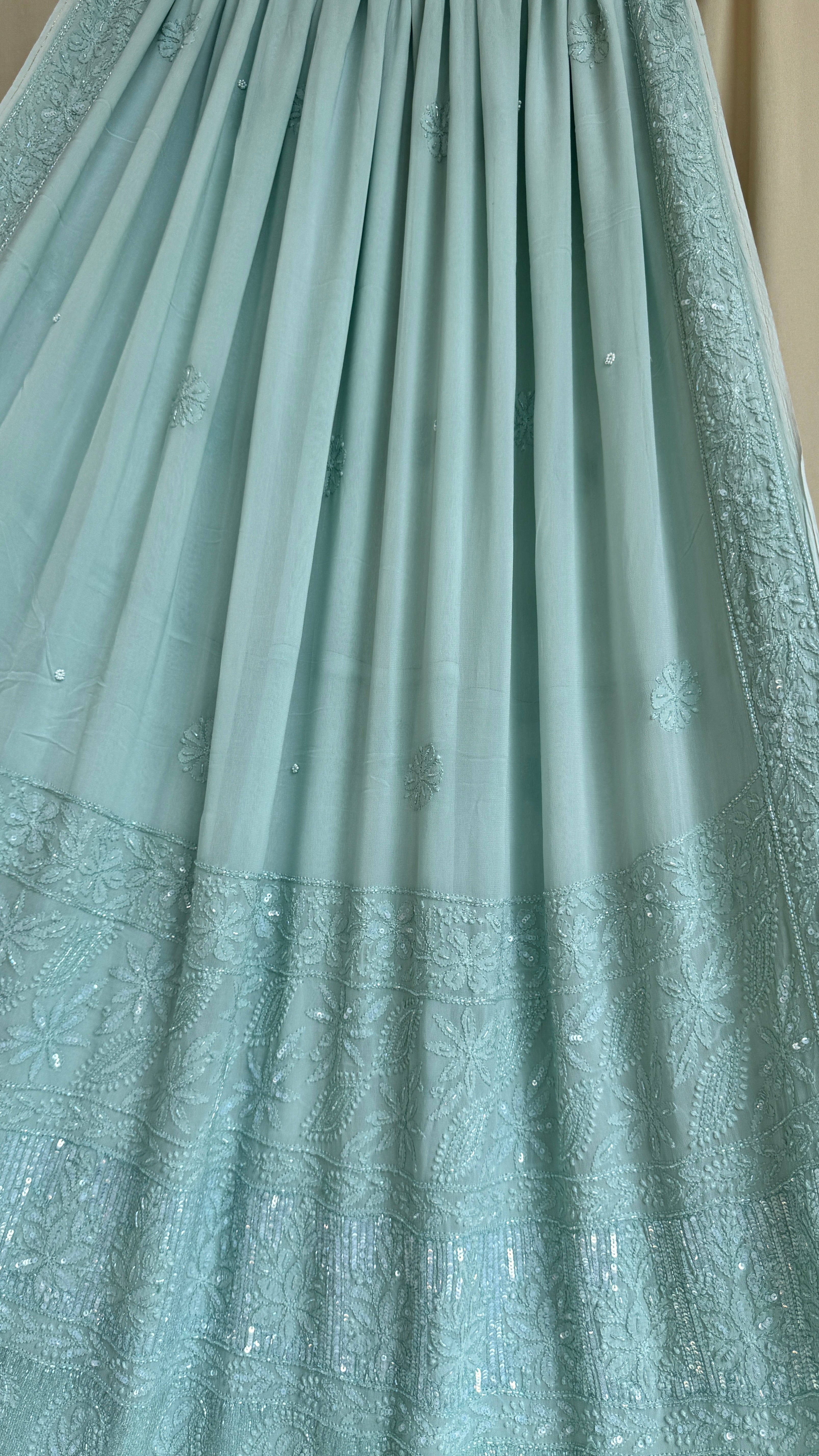 Viscose Green Chikankari saree with Pearl embellishments