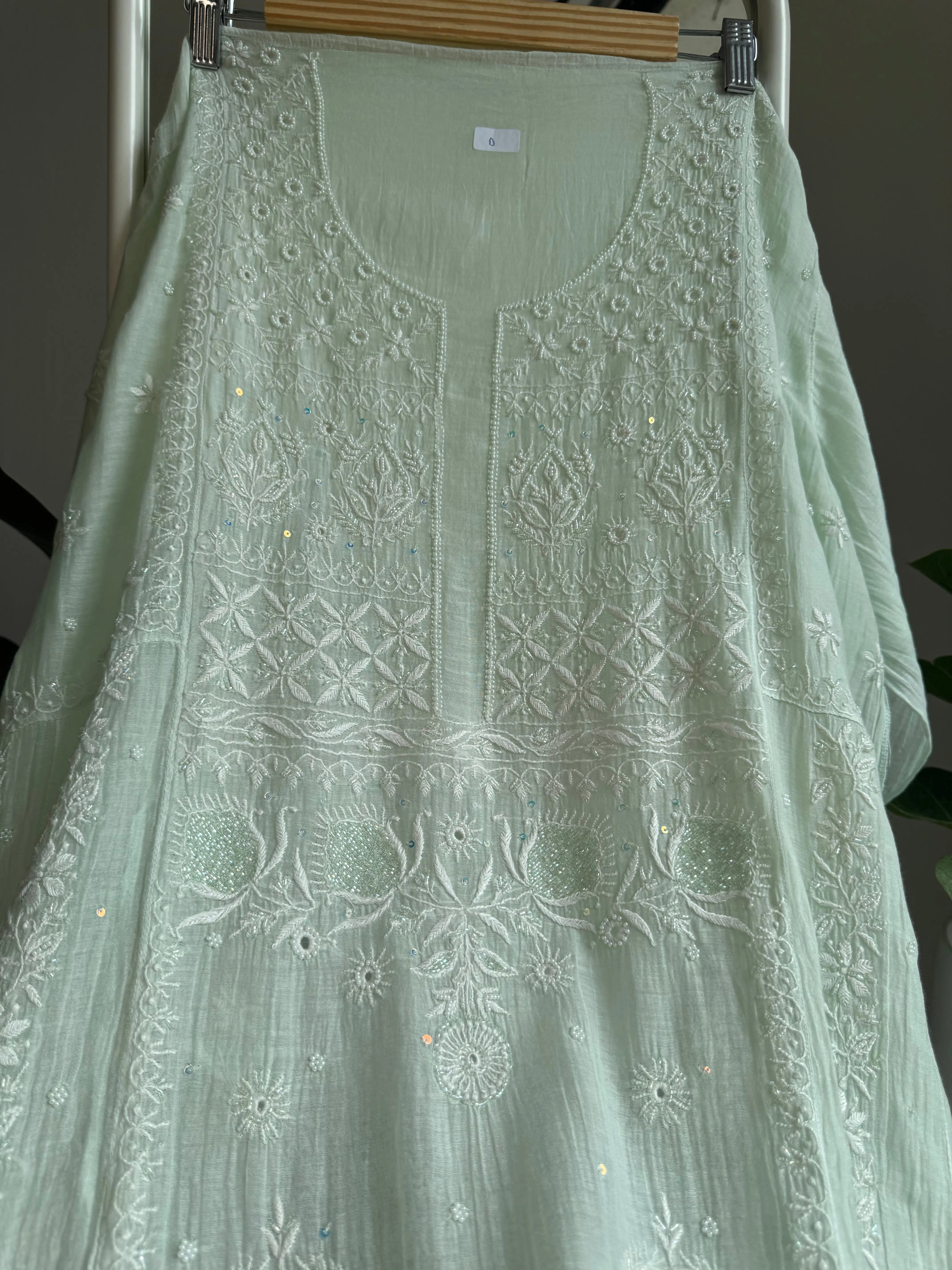 Mul Chanderi Anarkali - Pista Green ARIAA CHIKANKARI 