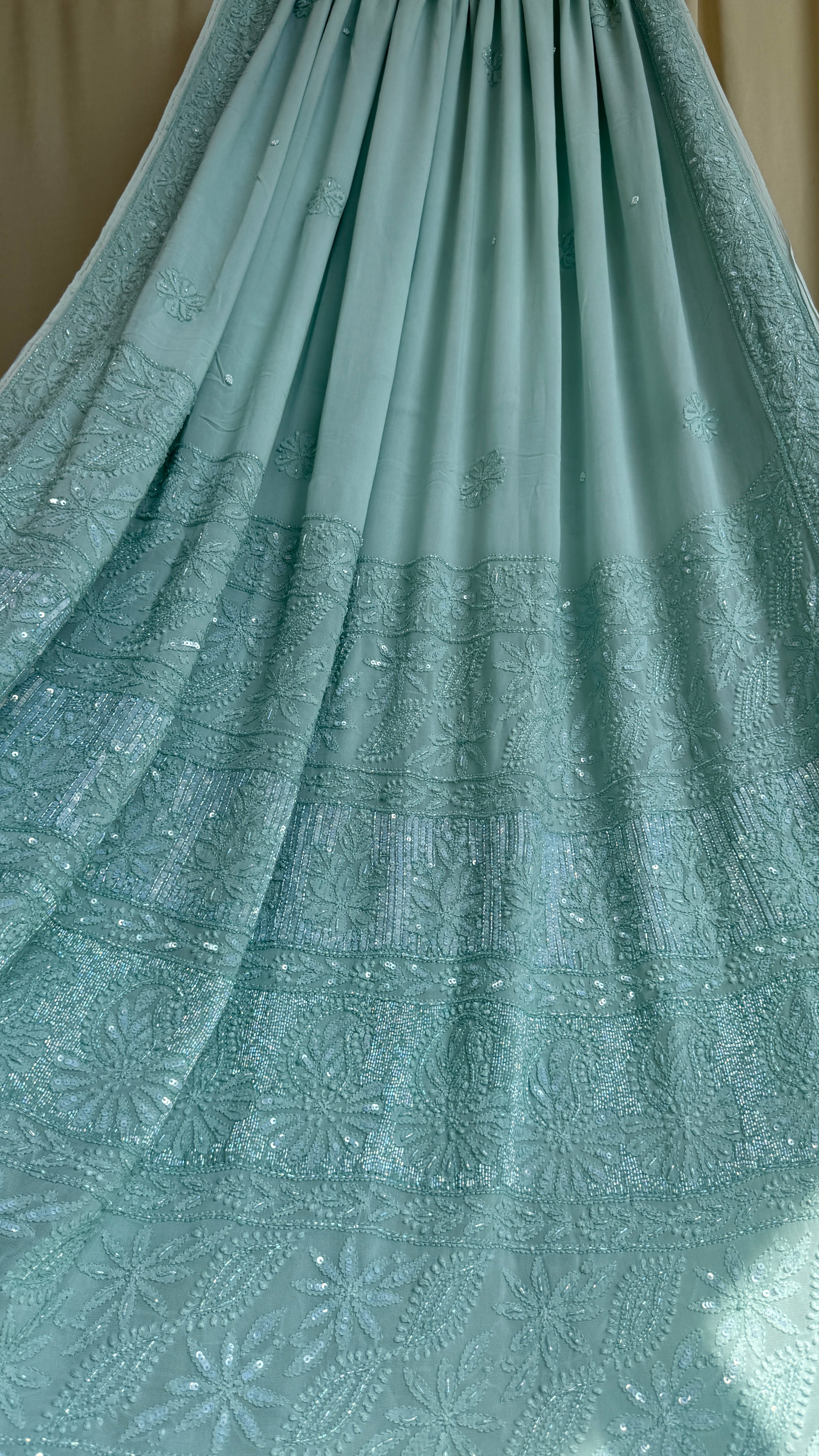 Viscose Green Chikankari saree with Pearl embellishments