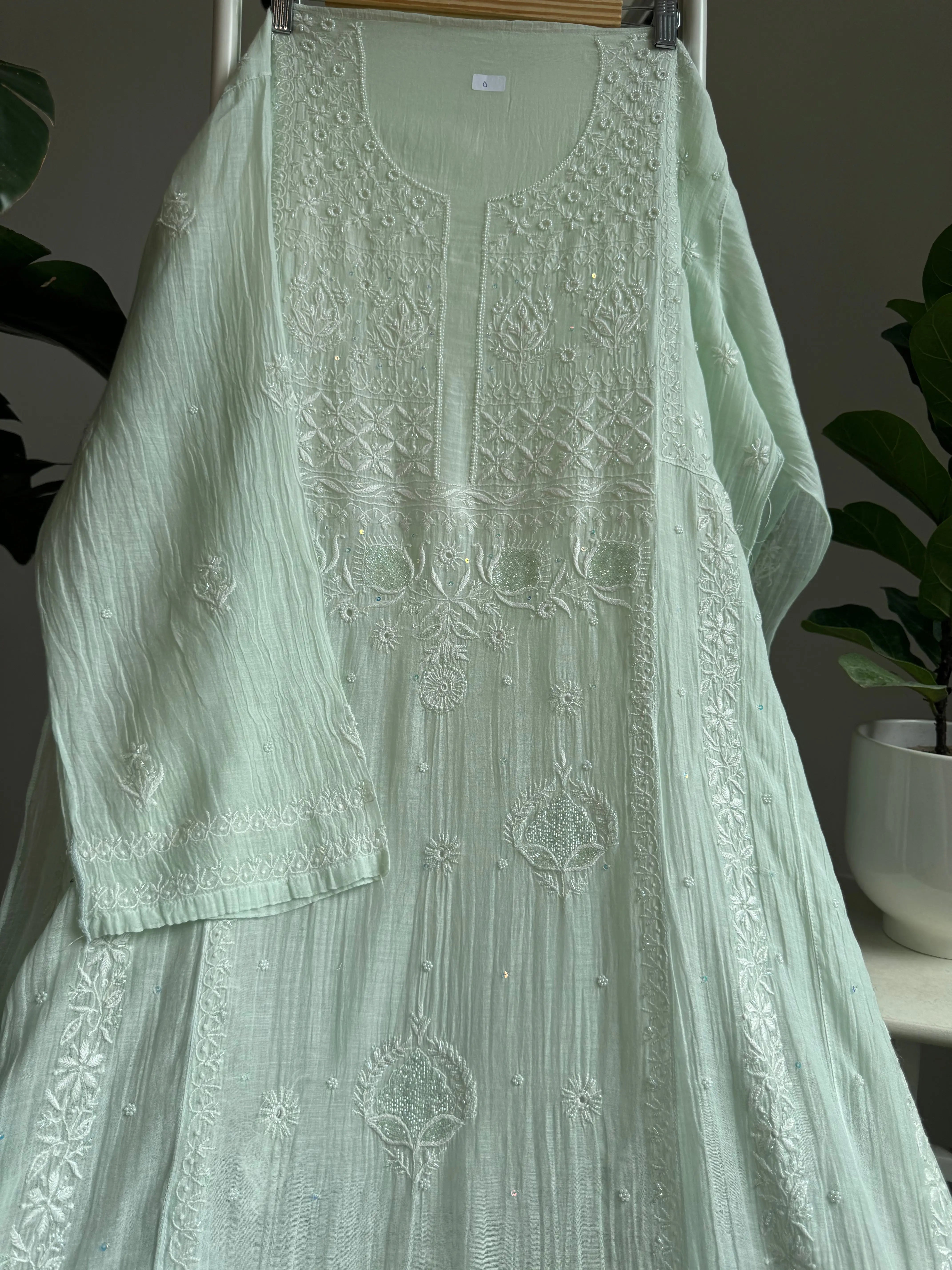 Mul Chanderi Anarkali - Pista Green ARIAA CHIKANKARI 