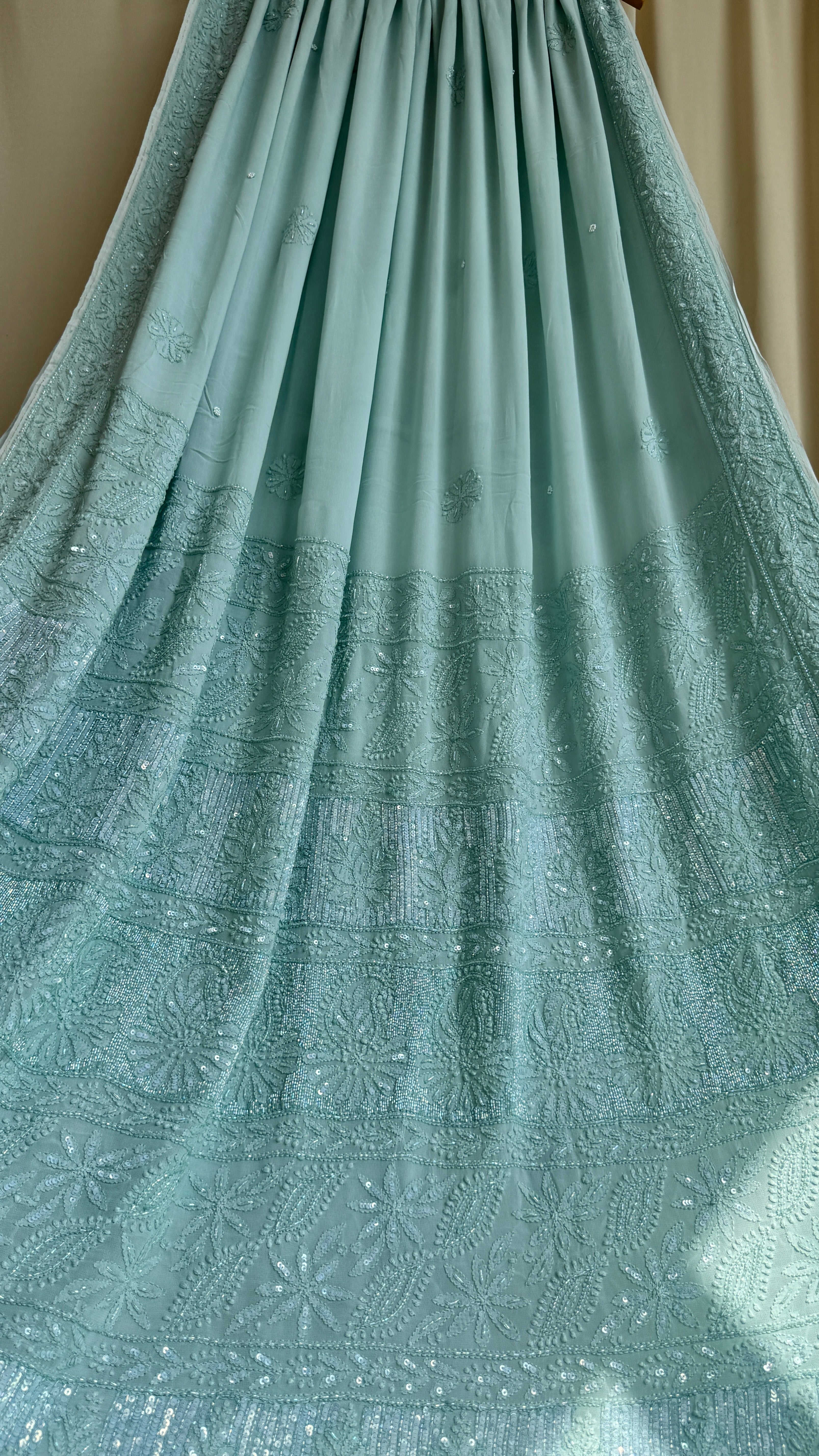 Viscose Green Chikankari saree with Pearl embellishments