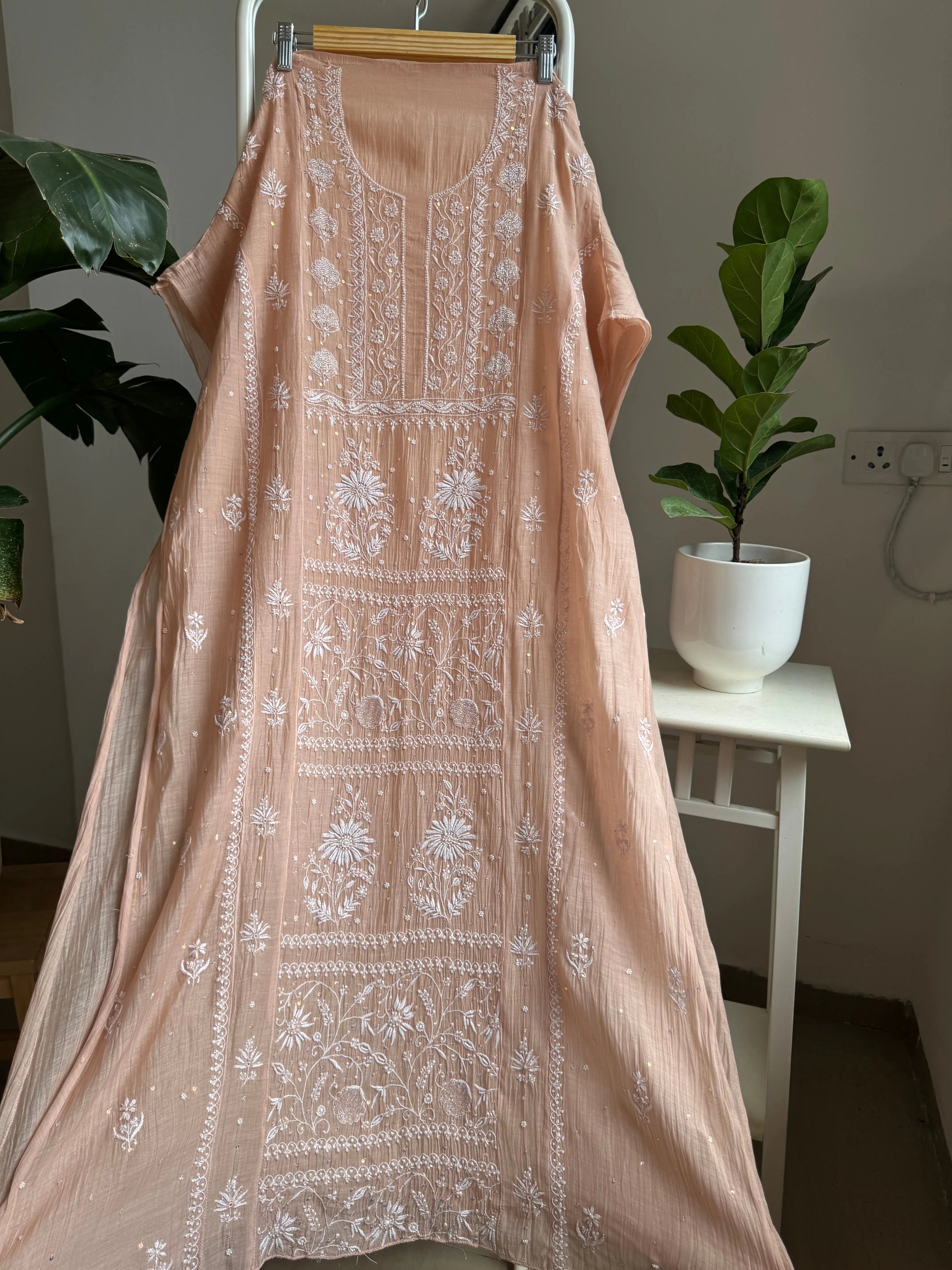 Mul Chanderi Straight Tunic -Light Brown ARIAA CHIKANKARI 