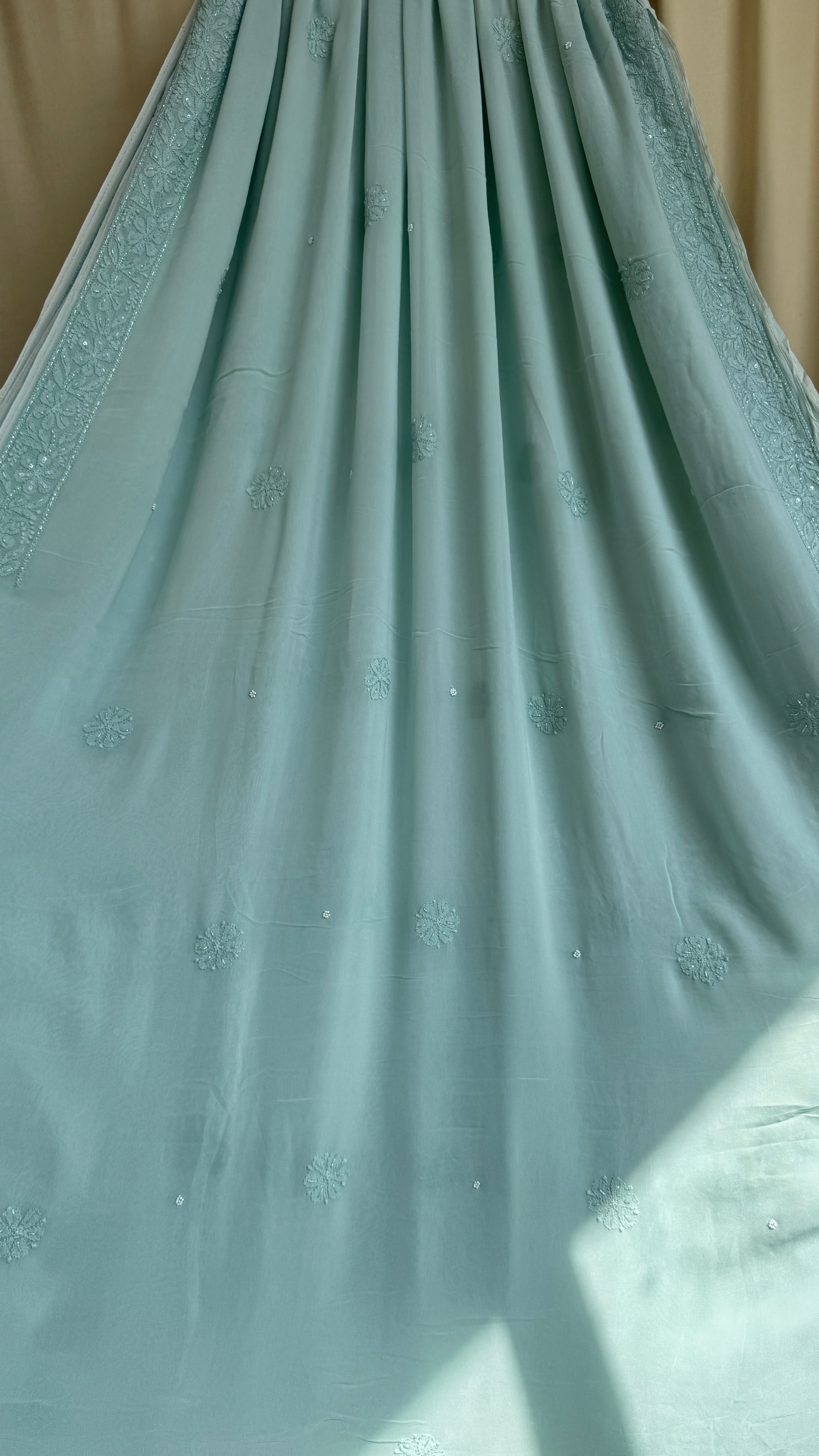 Viscose Green Chikankari saree with Pearl embellishments