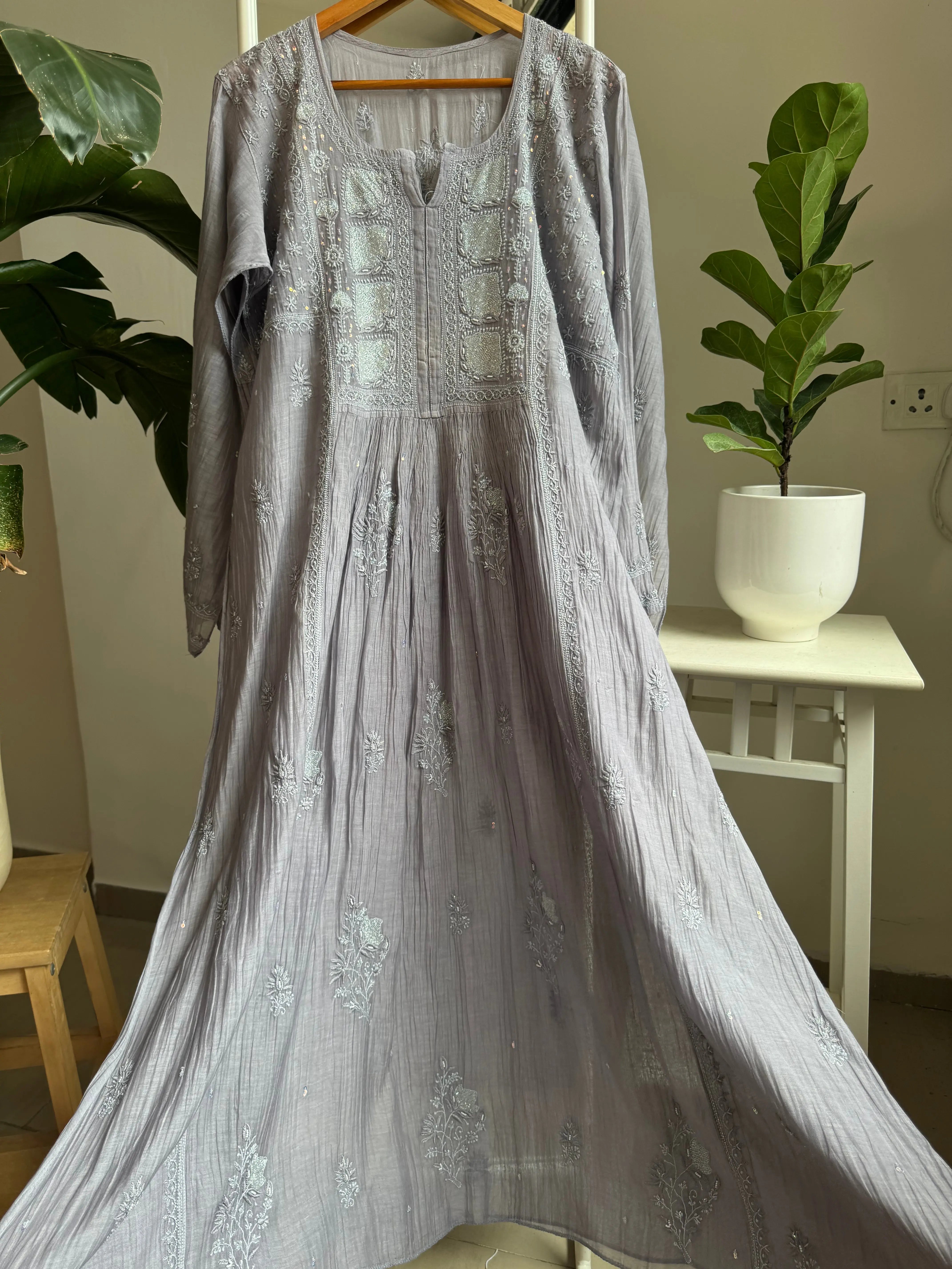 Mul Chanderi Anarkali - Dove Purple ARIAA CHIKANKARI 