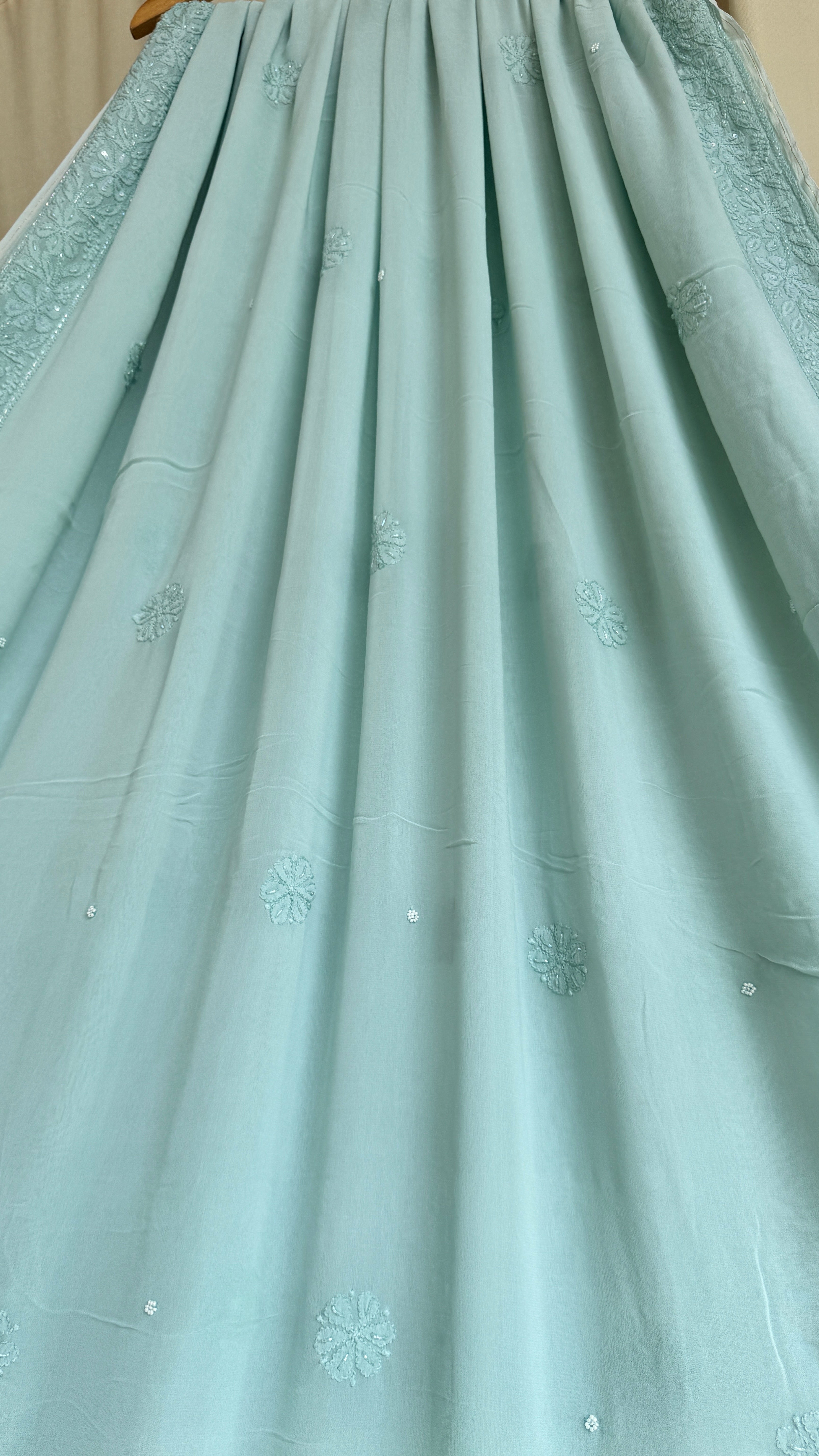 Viscose Green Chikankari saree with Pearl embellishments