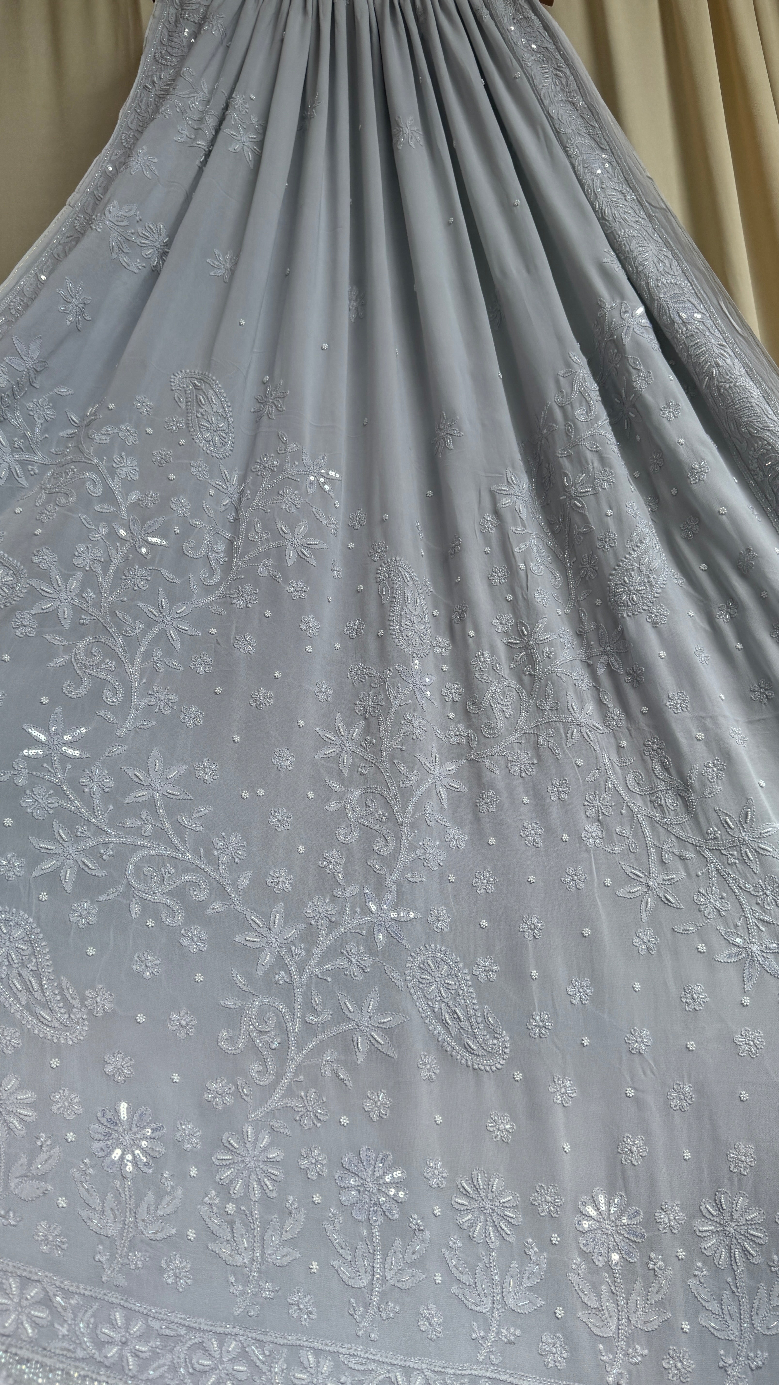 Viscose Light cool grey Chikankari saree with Pearl embellishments