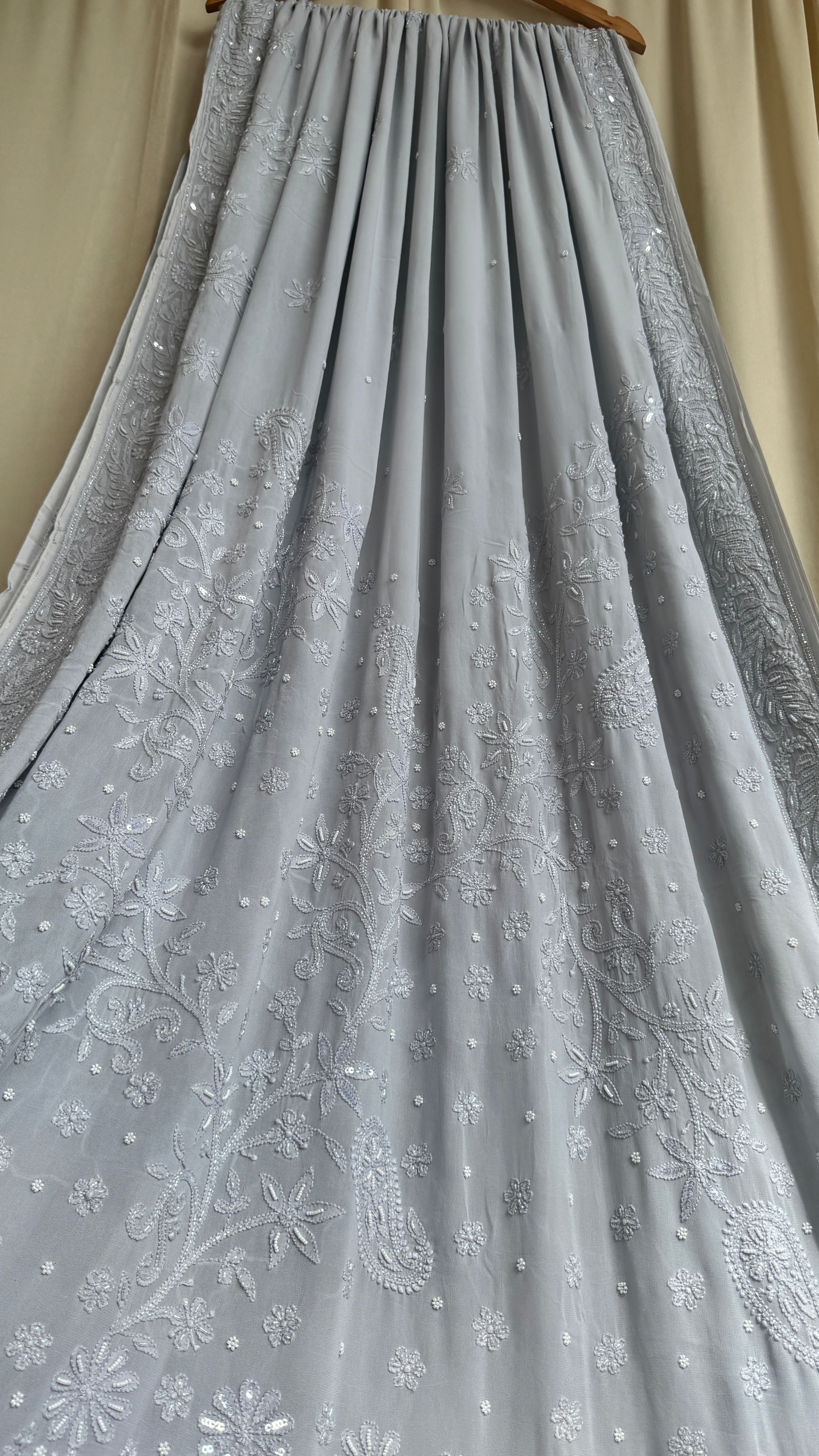 Viscose Light cool grey Chikankari saree with Pearl embellishments