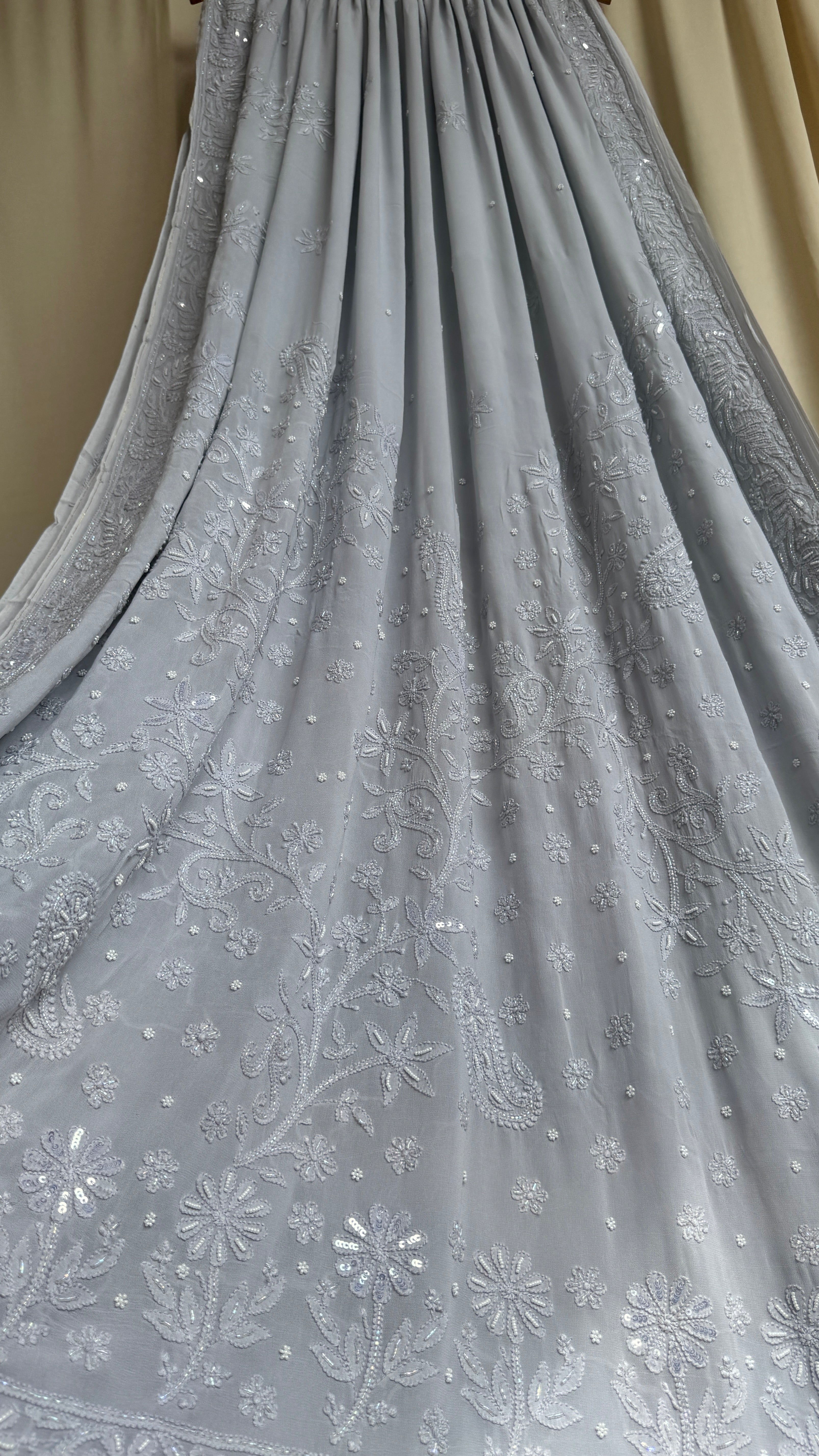 Viscose Light cool grey Chikankari saree with Pearl embellishments