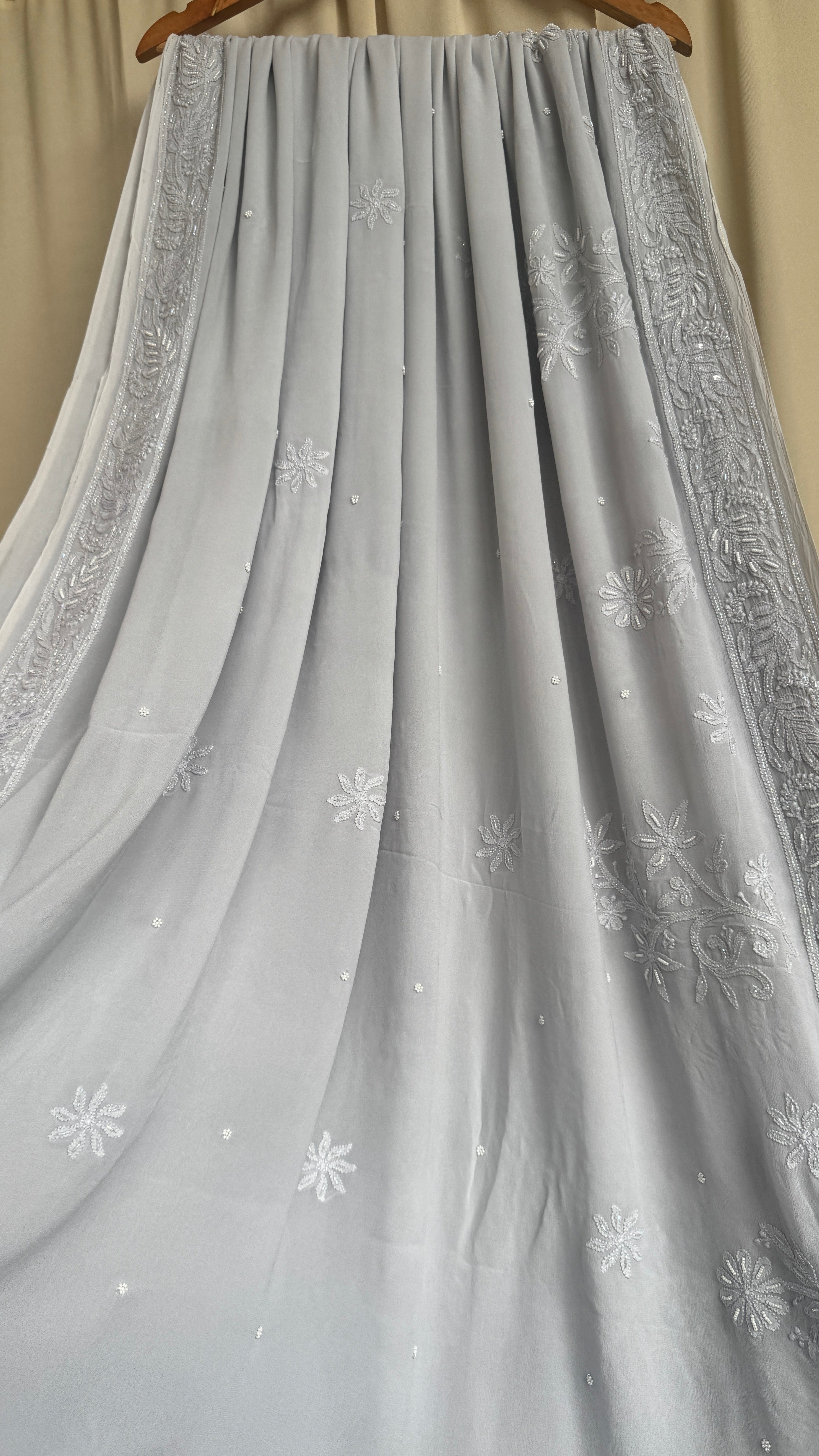Viscose Light cool grey Chikankari saree with Pearl embellishments