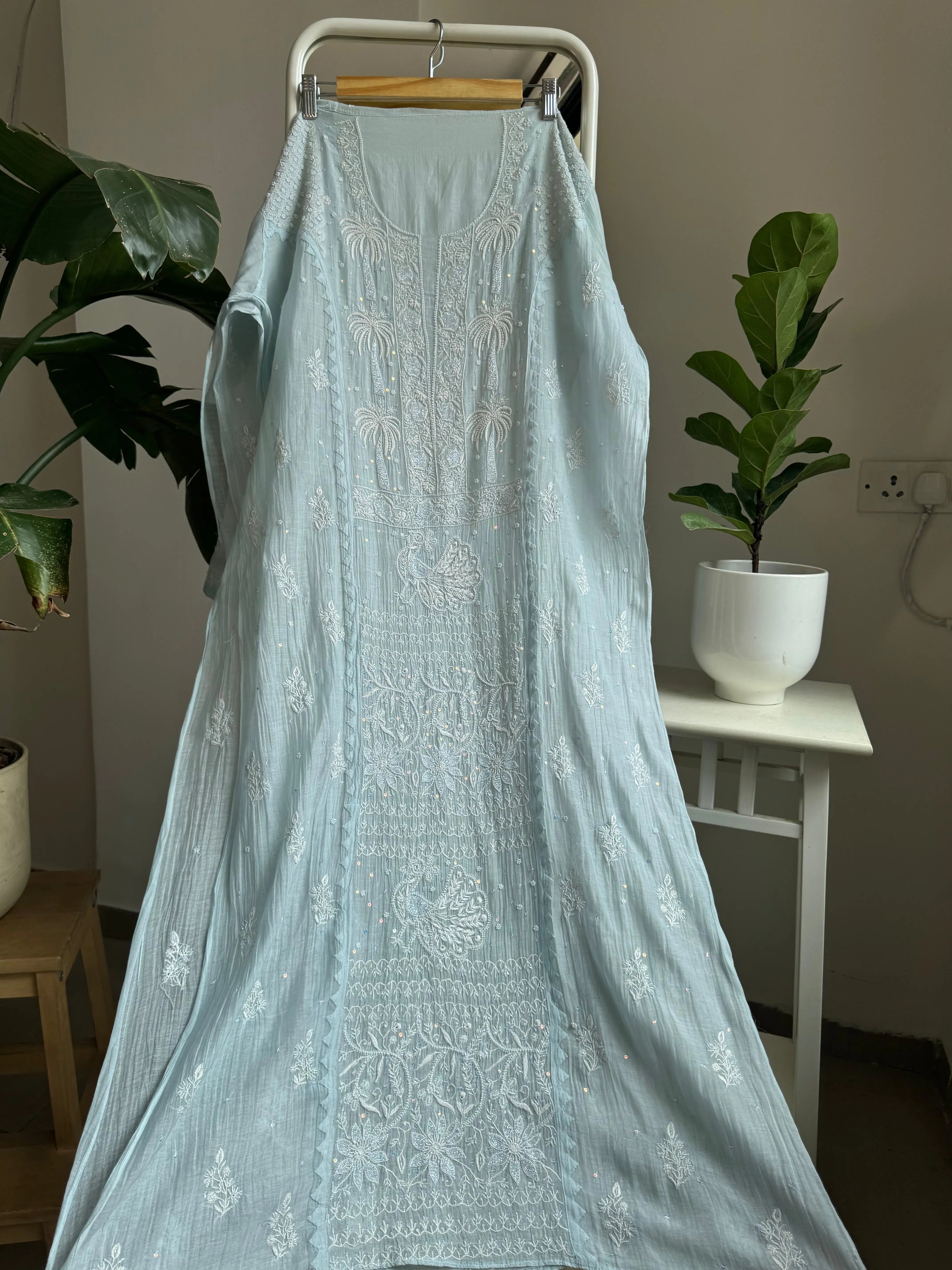 Mul Chanderi Straight Tunic - Baby Blue ARIAA CHIKANKARI 