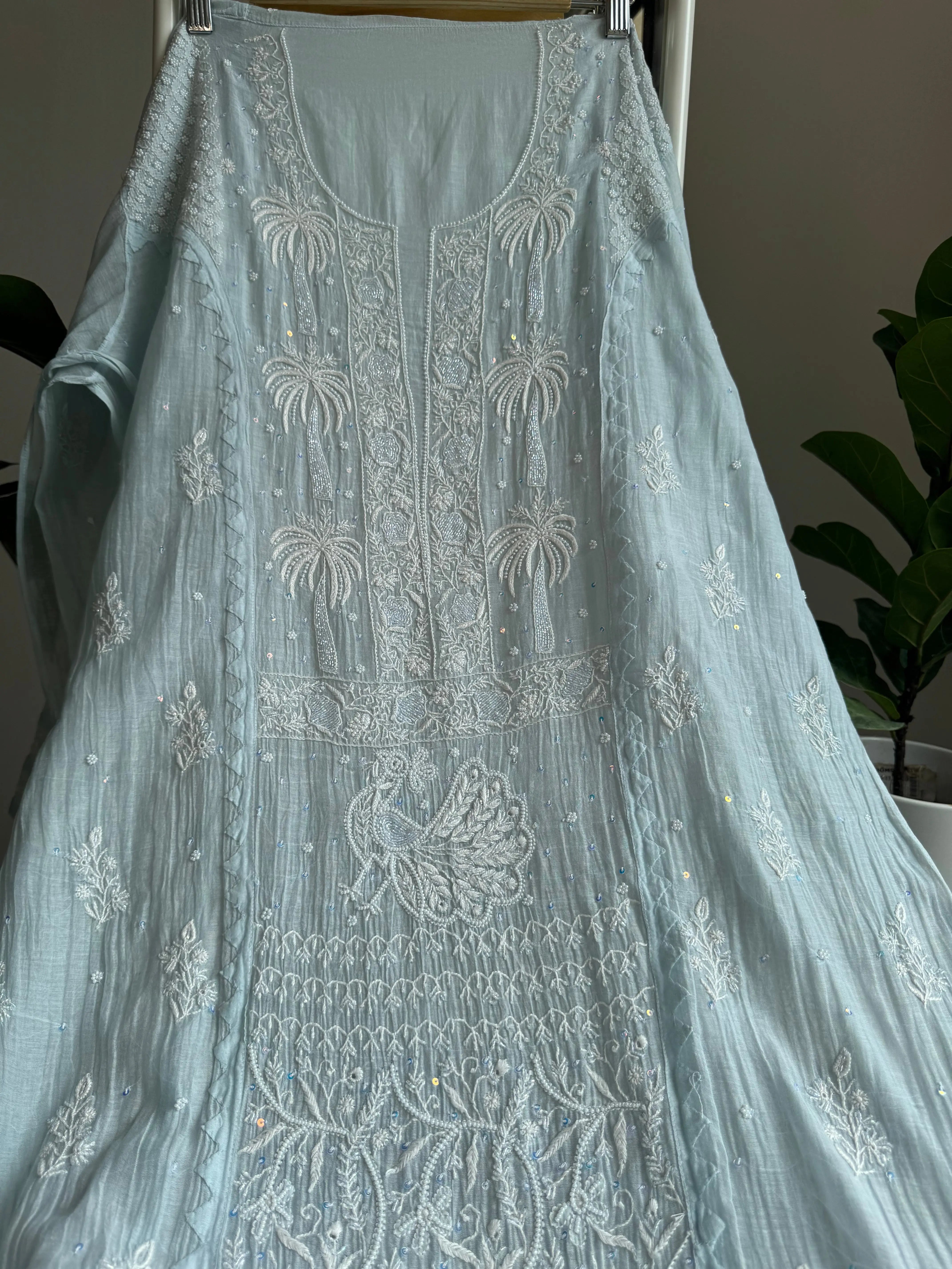 Mul Chanderi Straight Tunic - Baby Blue ARIAA CHIKANKARI 