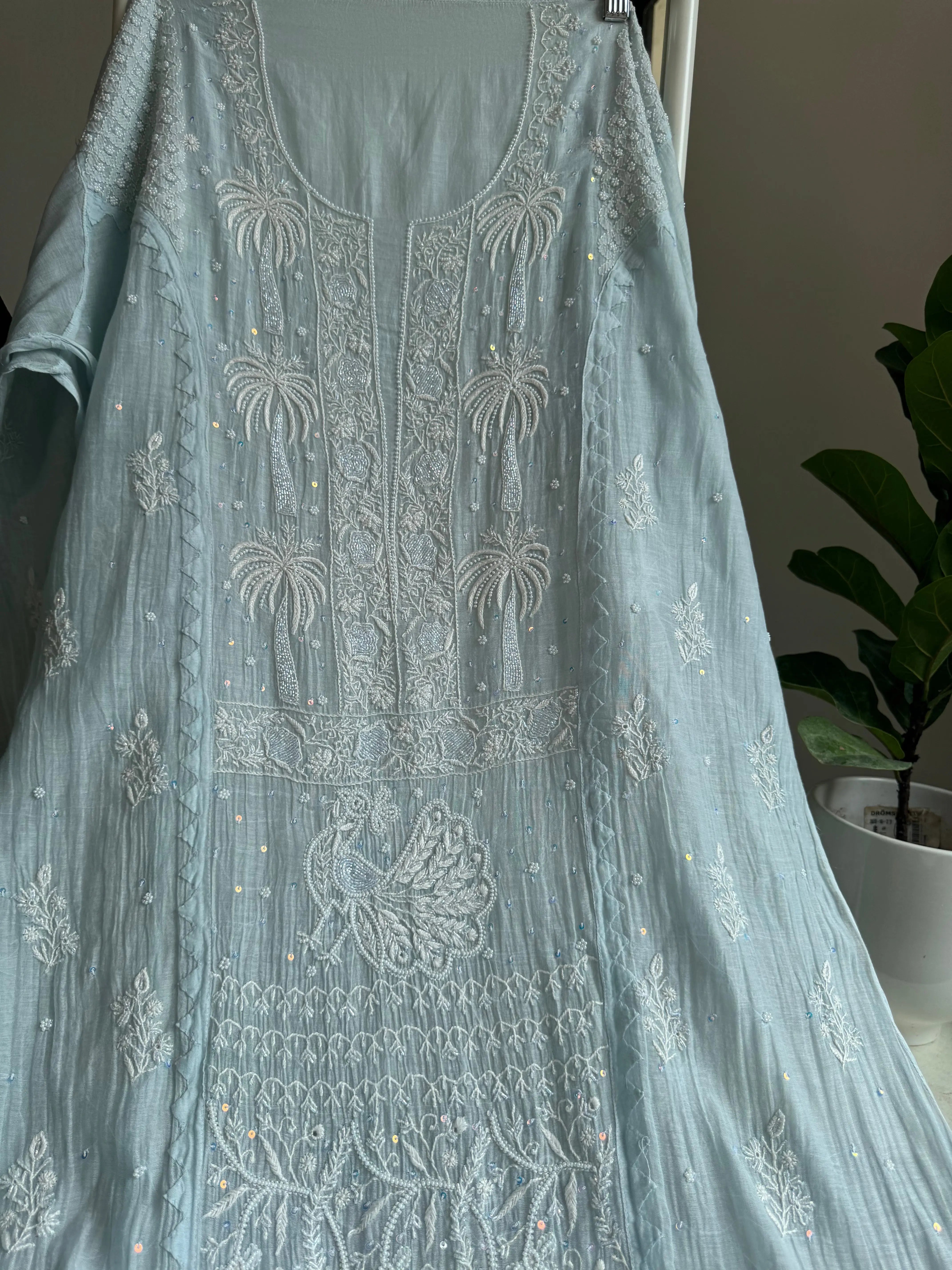 Mul Chanderi Straight Tunic - Baby Blue ARIAA CHIKANKARI 