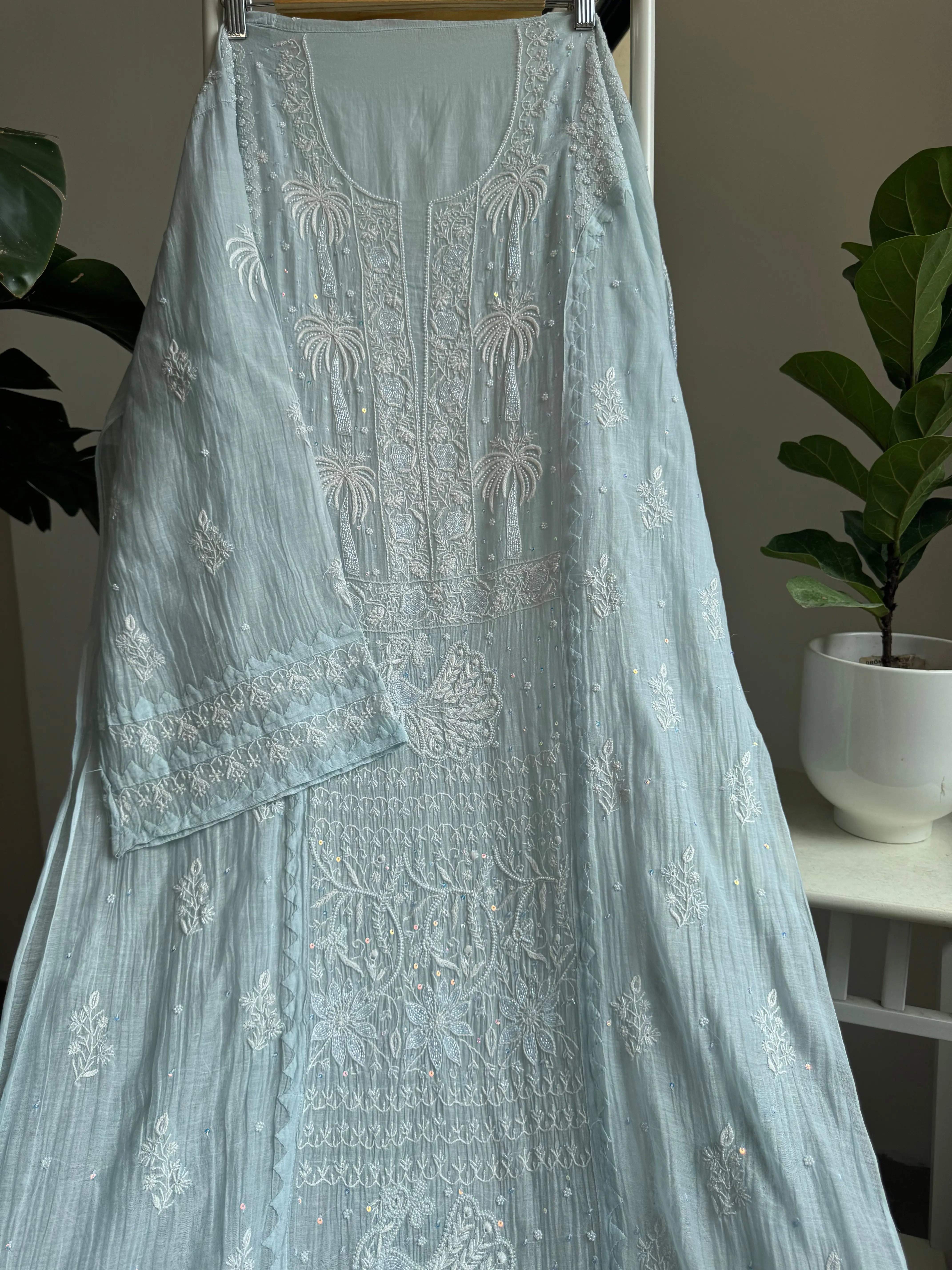 Mul Chanderi Straight Tunic - Baby Blue ARIAA CHIKANKARI 