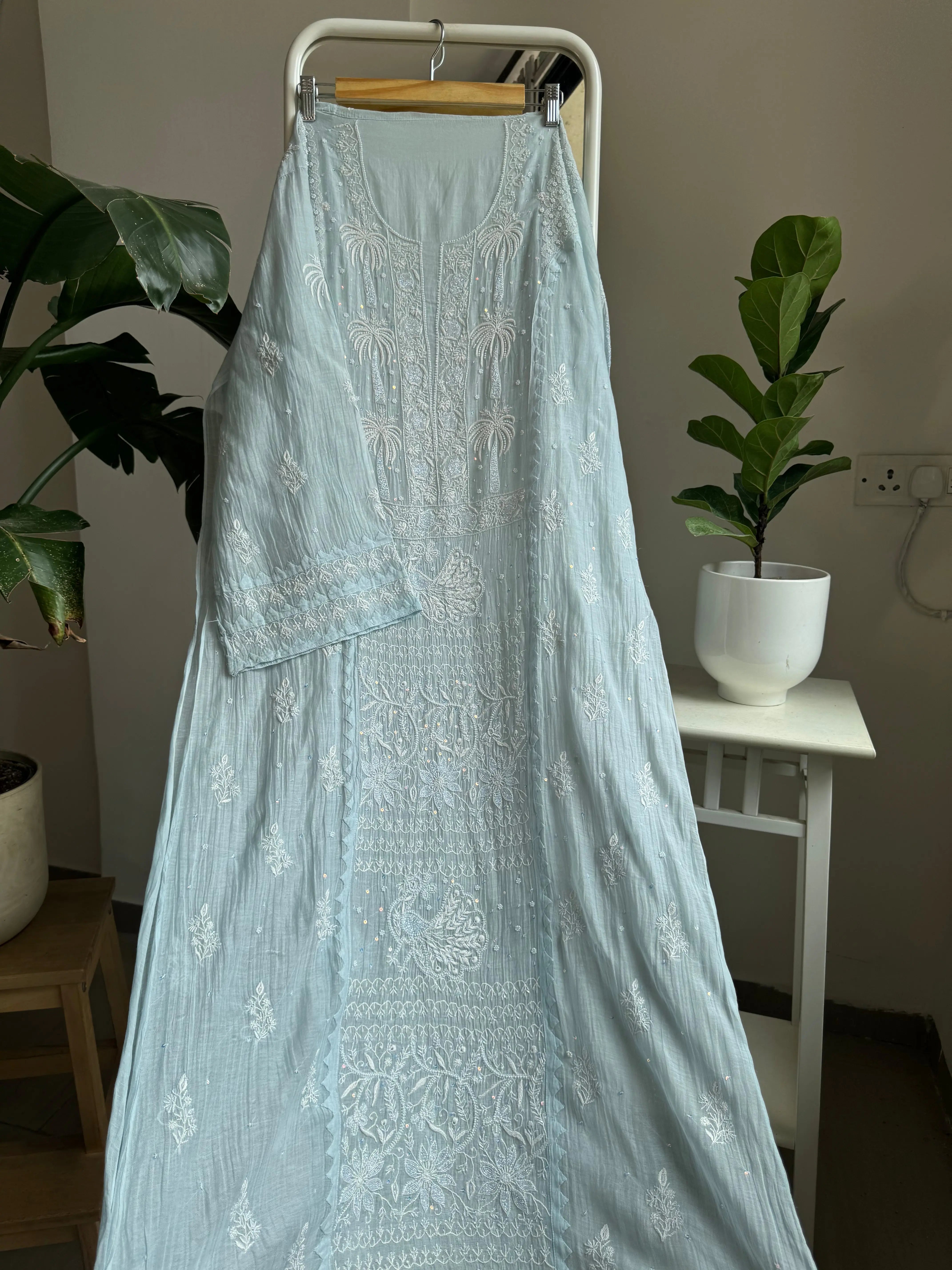 Mul Chanderi Straight Tunic - Baby Blue ARIAA CHIKANKARI 