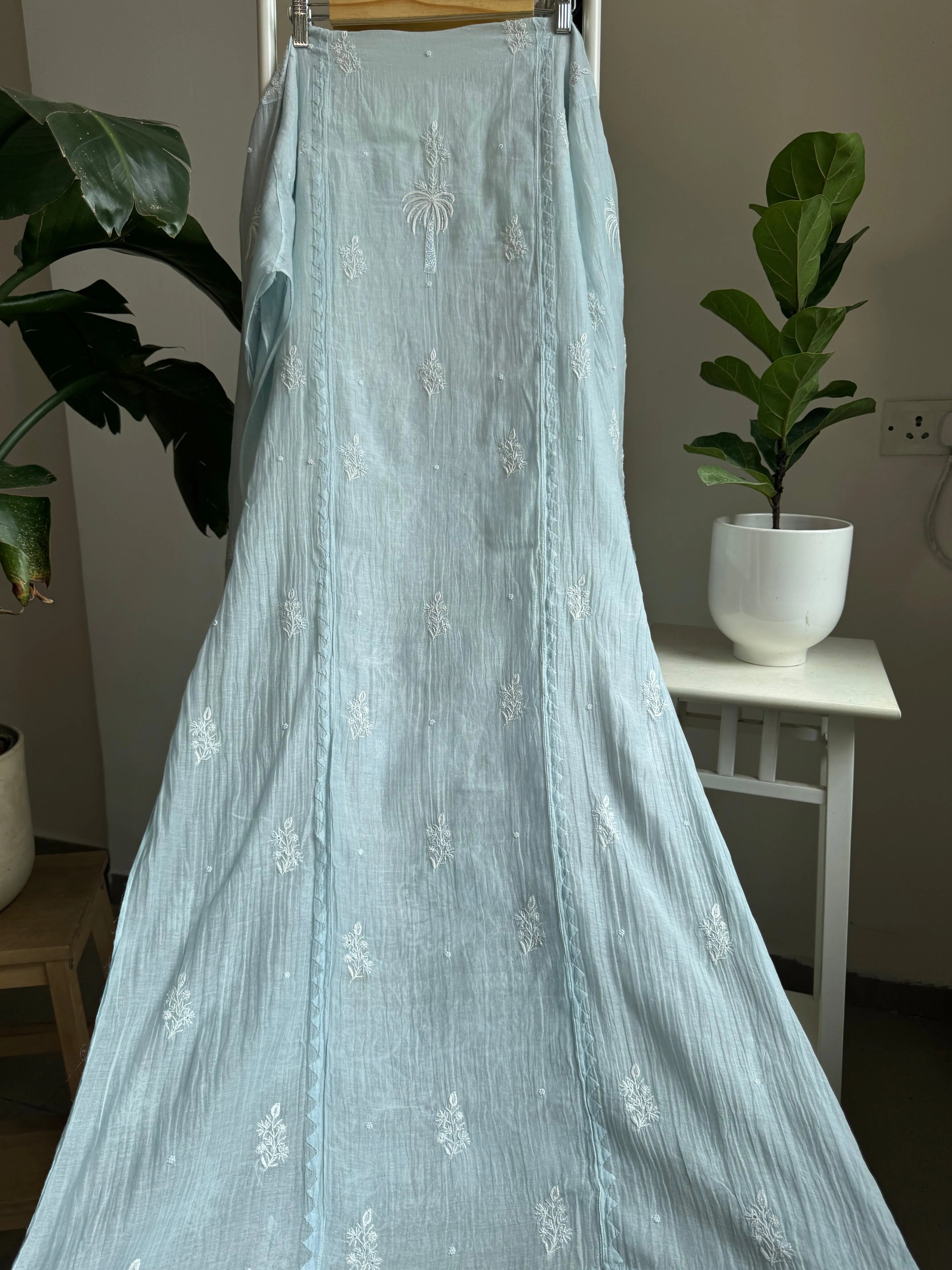 Mul Chanderi Straight Tunic - Baby Blue ARIAA CHIKANKARI 