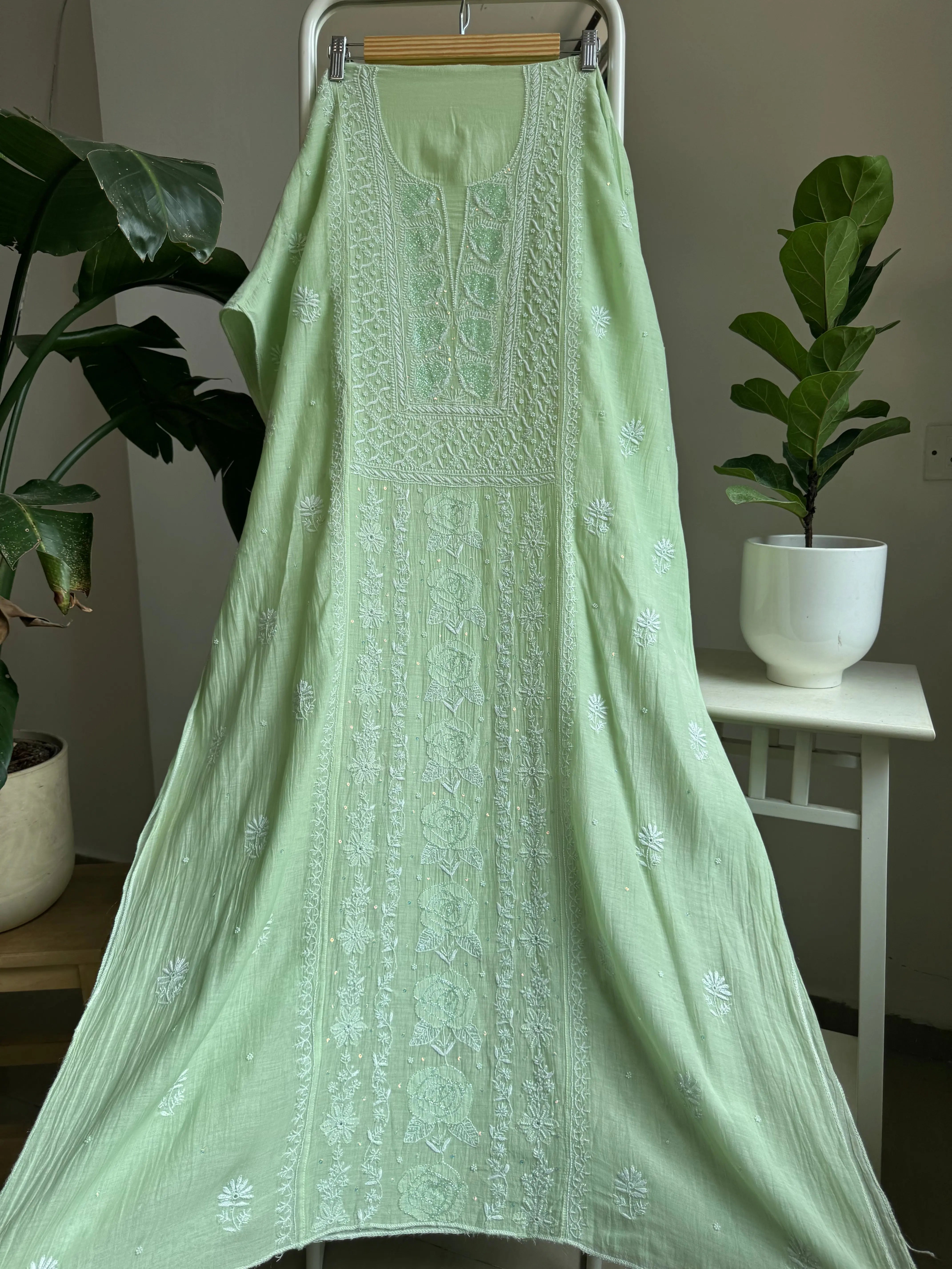 Mul Chanderi Straight Tunic - Green ARIAA CHIKANKARI 