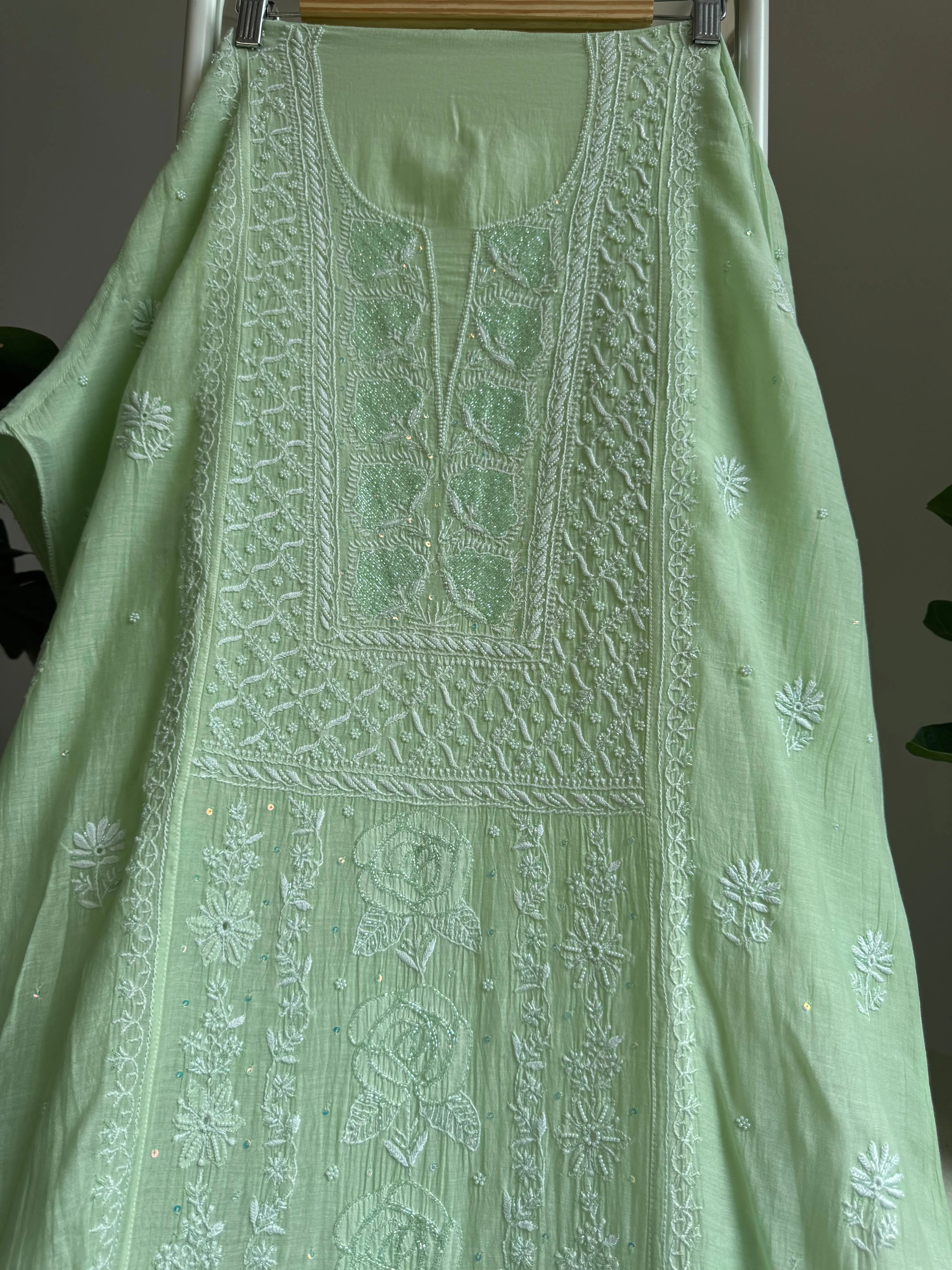 Mul Chanderi Straight Tunic - Green ARIAA CHIKANKARI 