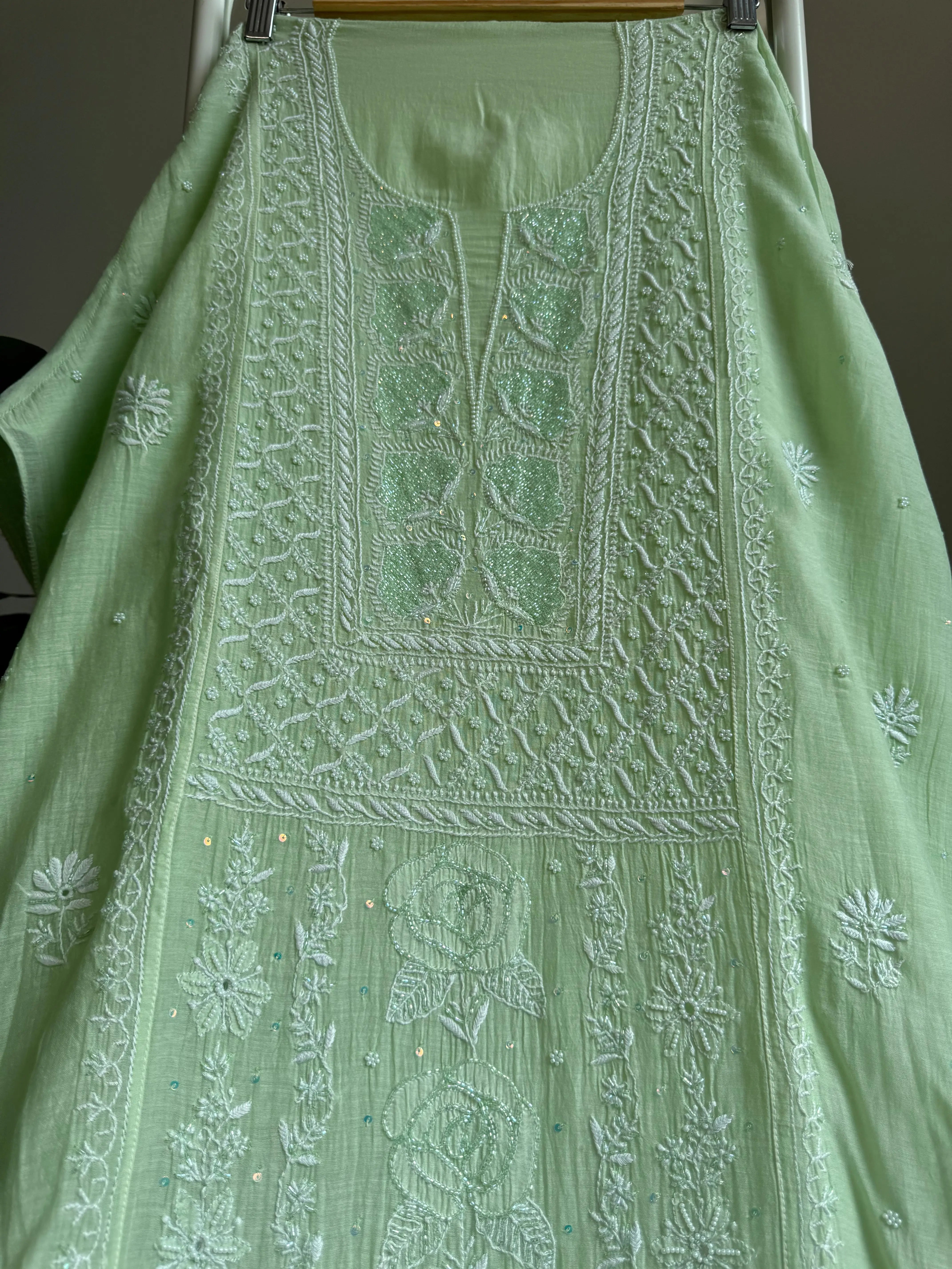 Mul Chanderi Straight Tunic - Green ARIAA CHIKANKARI 