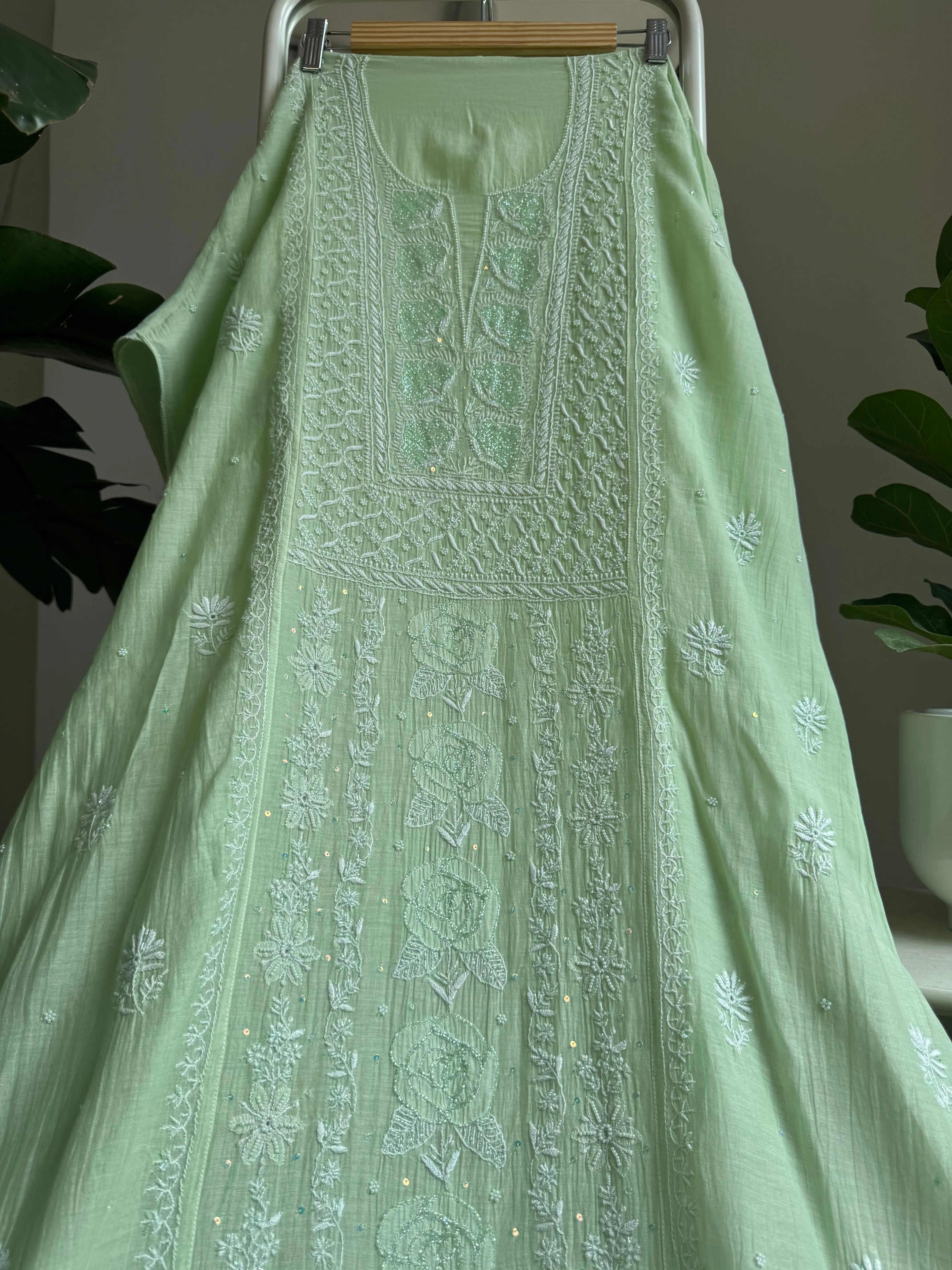 Mul Chanderi Straight Tunic - Green ARIAA CHIKANKARI 