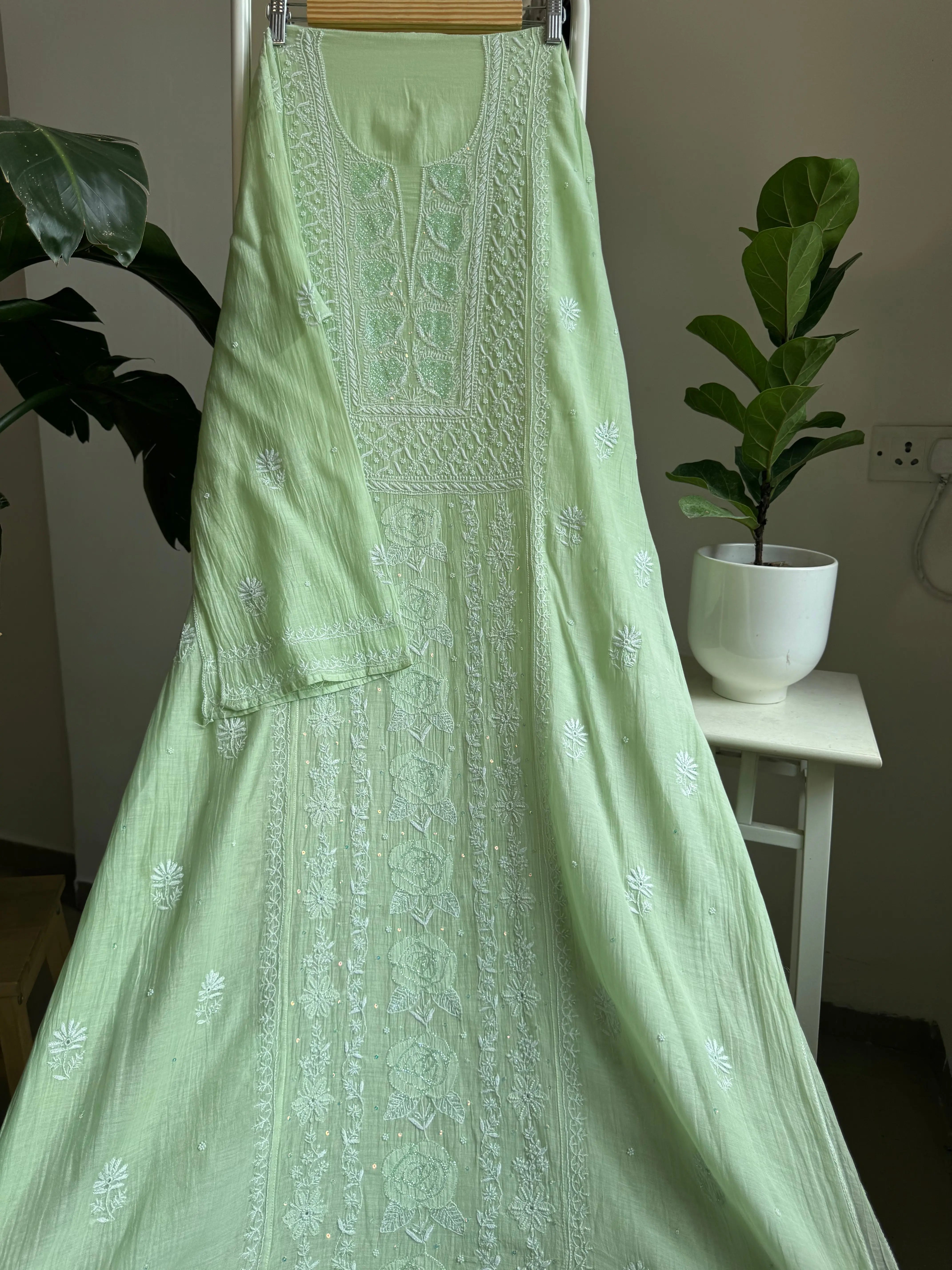 Mul Chanderi Straight Tunic - Green ARIAA CHIKANKARI 