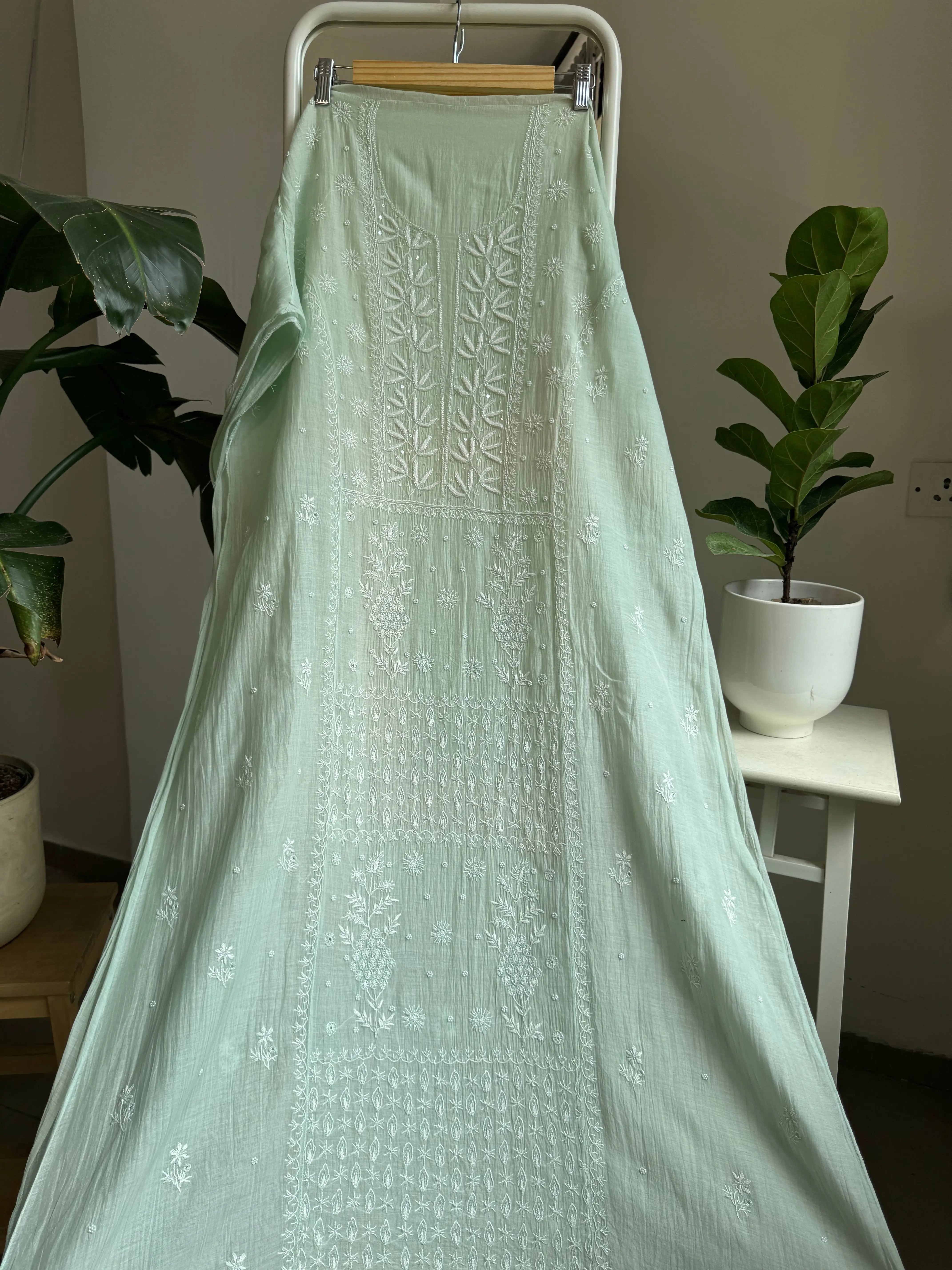 Mul Chanderi Straight Tunic - Green ARIAA CHIKANKARI 